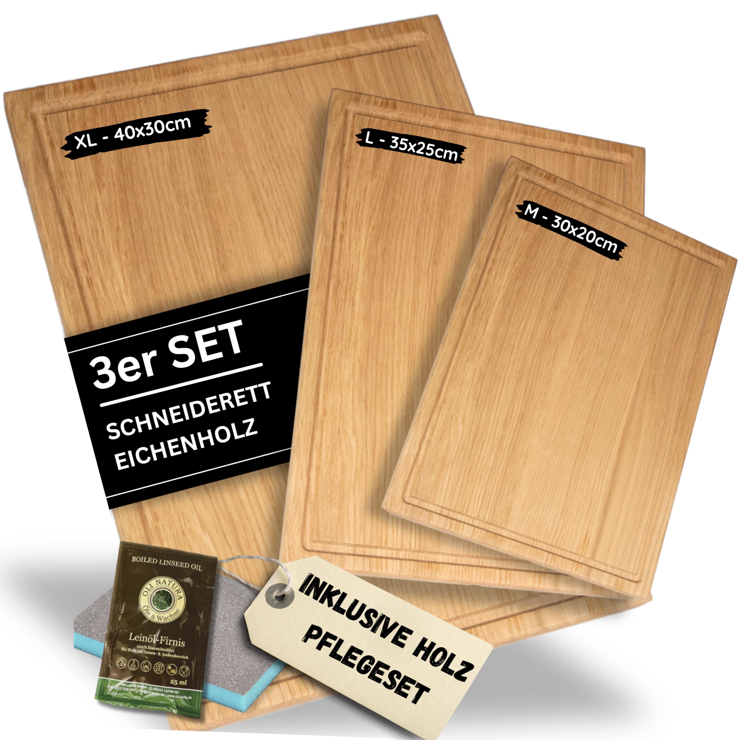 ASTREIN® Schneidebrett Eiche – Massives Holzbrett 3er Set – Hochwertiges Küchenbrett aus Eichenholz – Robust, langlebig & messerschonend – Ideal als Schneide‑ & Servierbrett (3er Set)