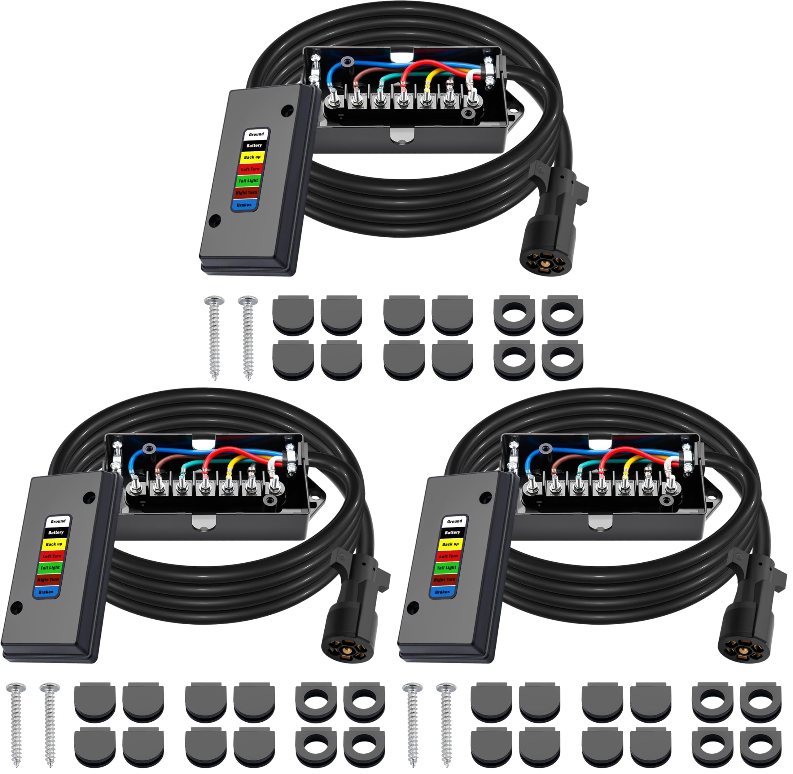CheeMuii 7 Way Trailer Wiring Harness Kit 8 FT Trailer Cord with 7 Pin Trailer Plug and Junction Box Kit Premium Light and Brake Wiring Wires for Trailer RV (Pack of 3)