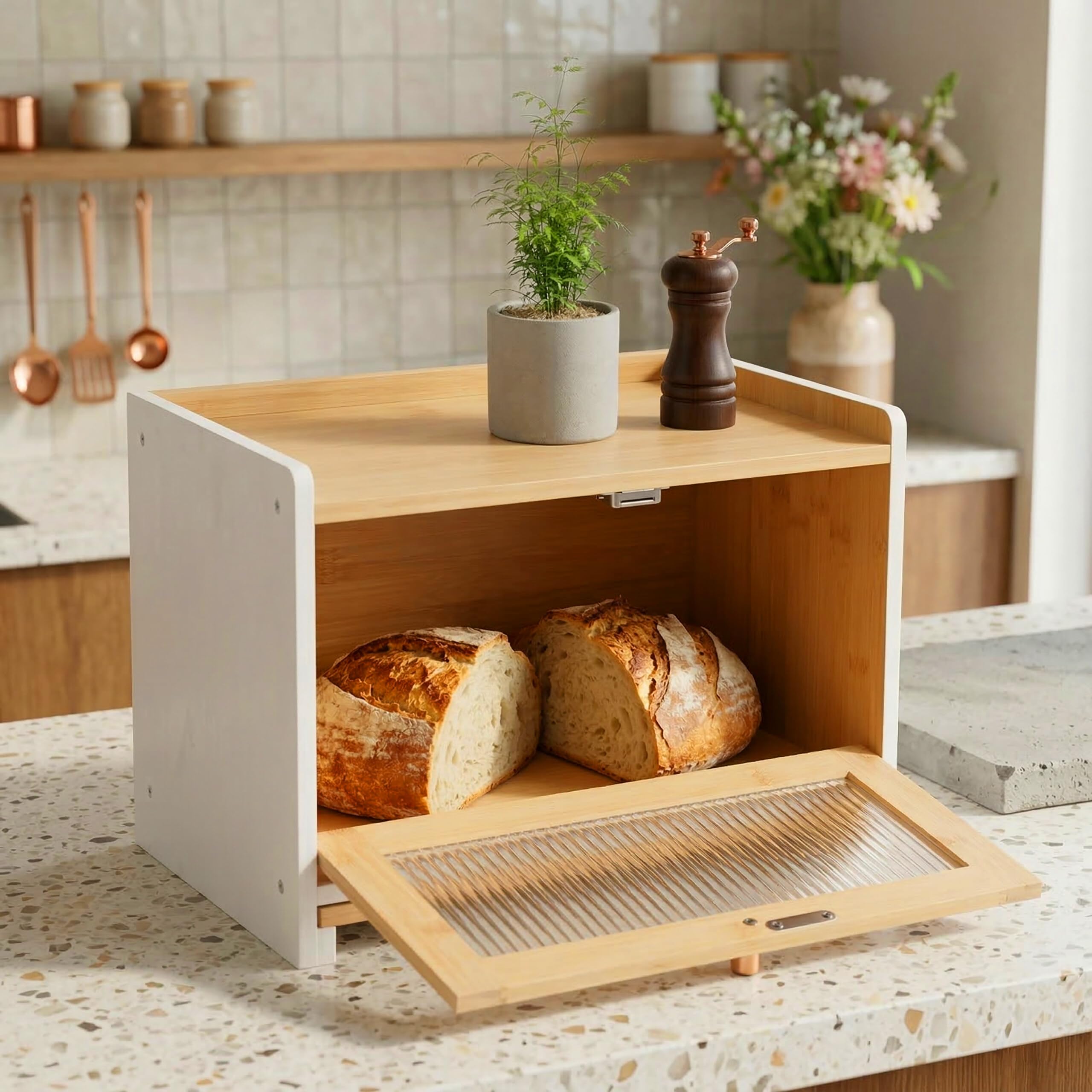 Relaxdays Contenitore Pane bambù con Tagliere e ripiano, Fori d'aerazione, Finestra acrilica