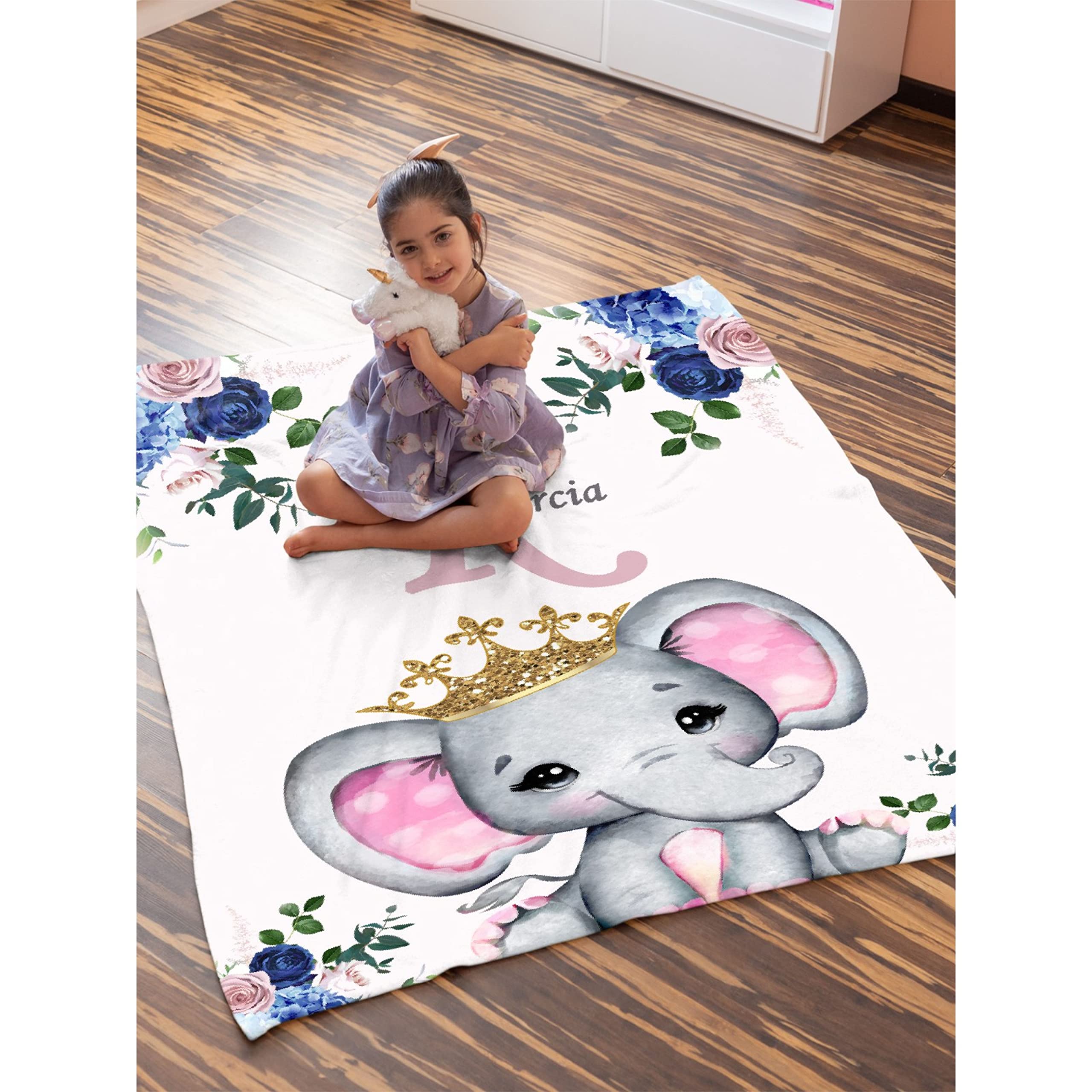 Cute Personalized Baby Blanket With Name - Pink Floral Elephant Design - Custom Fleece Blanket For Boys, Girls, Baby Shower Gift - View #2