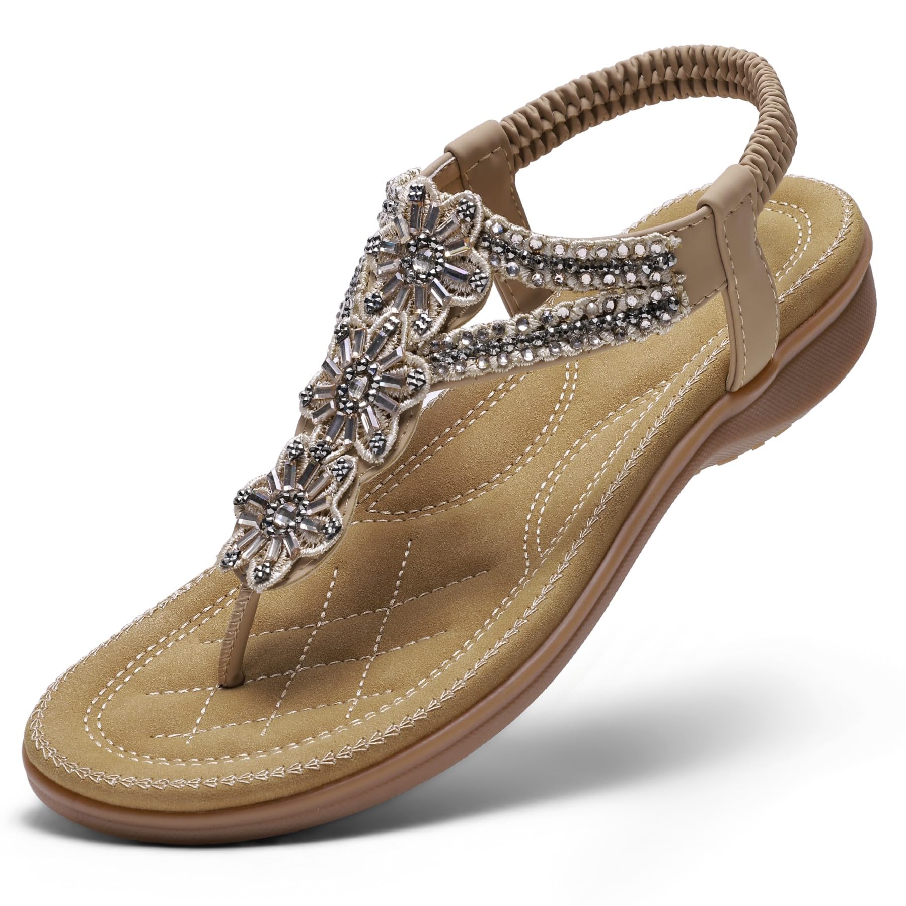 Littleplum Sandalen Damen Flache Strass Bohemia Zehentrenner Elegant Sandaletten mit Weiche Fußbett
