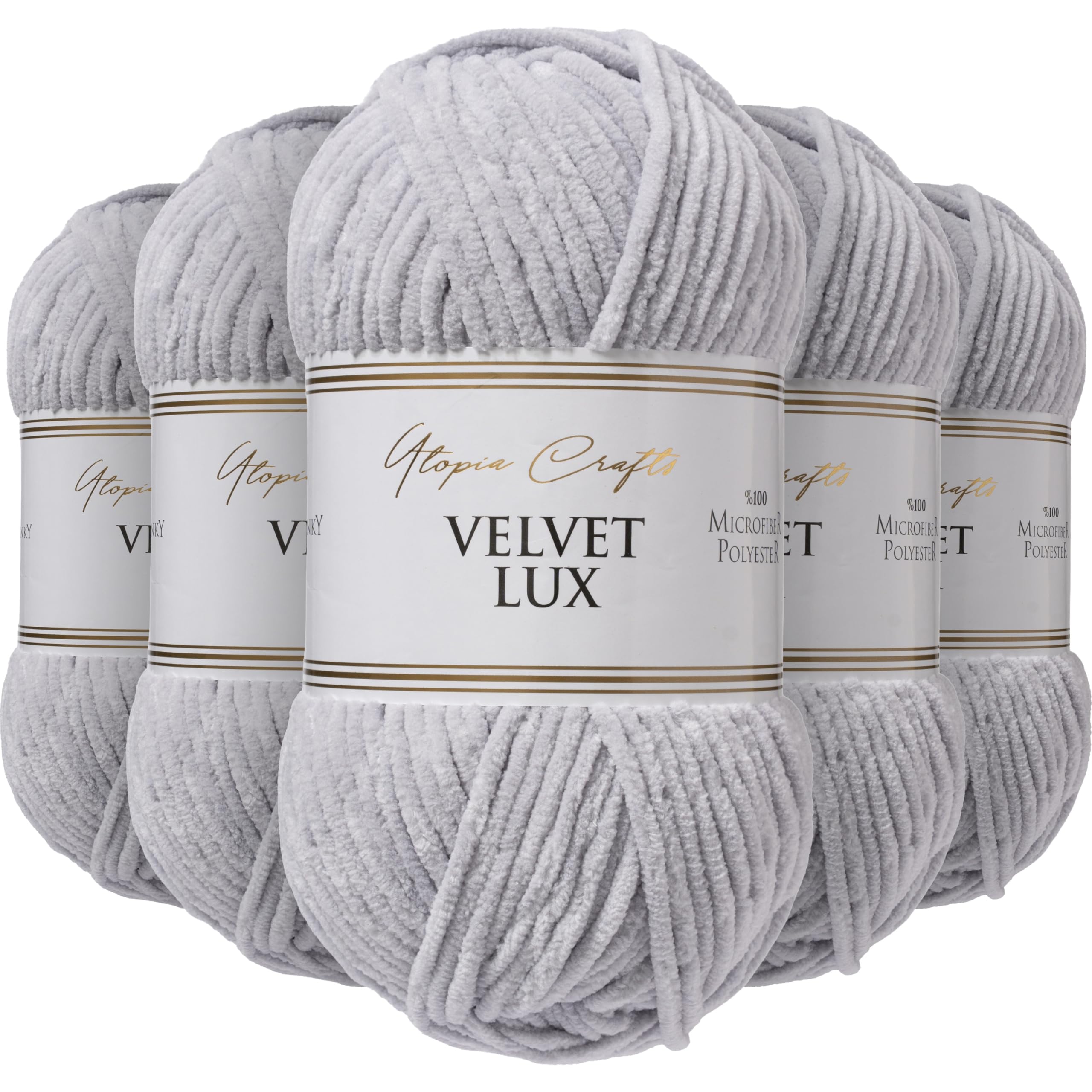 Utopia Crafts Velvet Lux Chenille Super Soft Chunky Yarn for Knitting and Crochet 5X 100g (Grey)