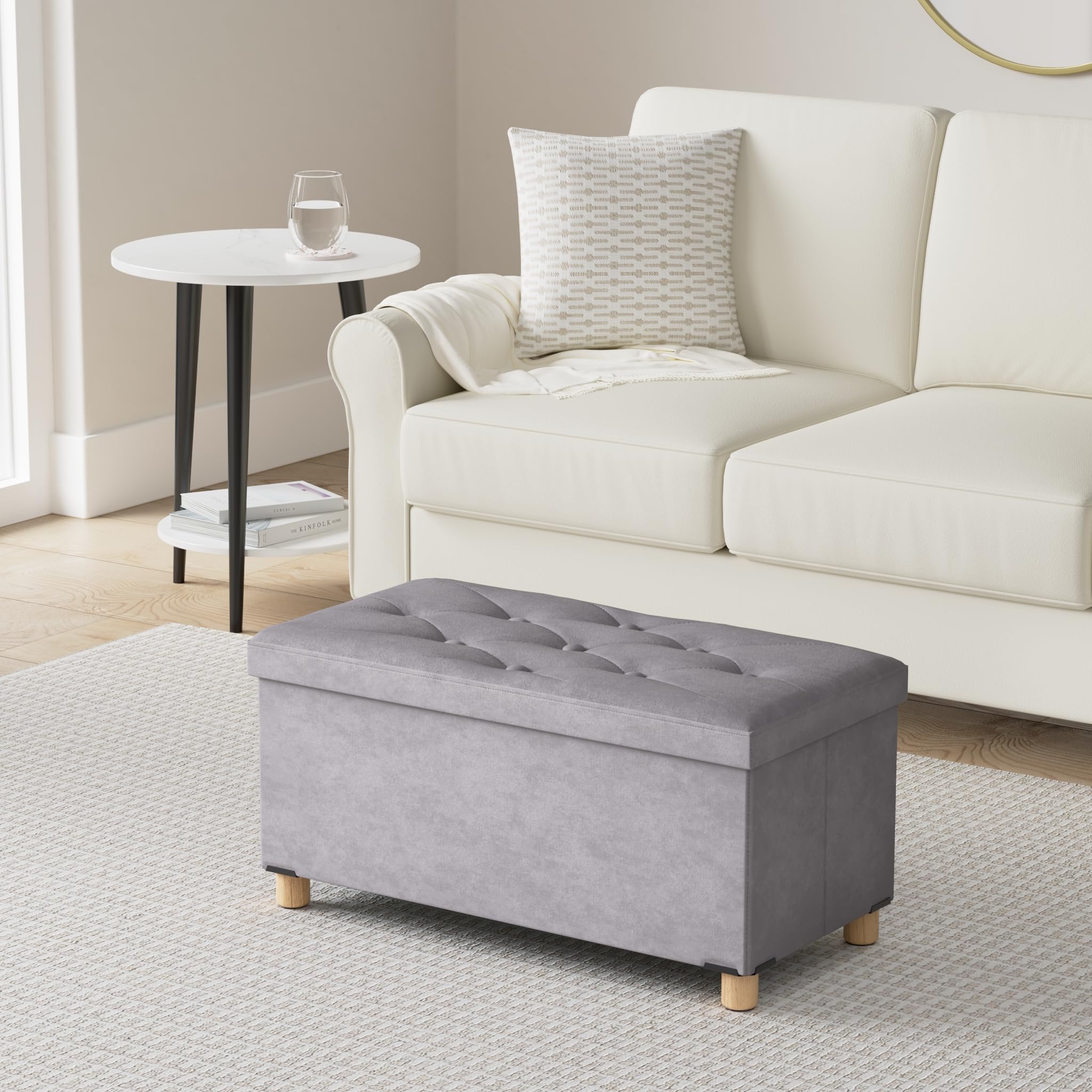 Banco otomano plegable de almacenamiento de 30 pulgadas, otomano con almacenamiento para sala de estar, con pies y tapa de madera, color gris 2