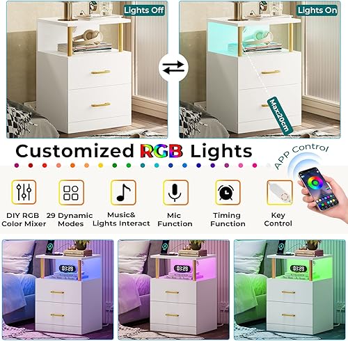 Miniatura 13 de VIAGDO Juego de 2 mesitas de noche negras con estación de carga y puertos USB, mesita de noche LED con 2 cajones, mesas auxiliares modernas con