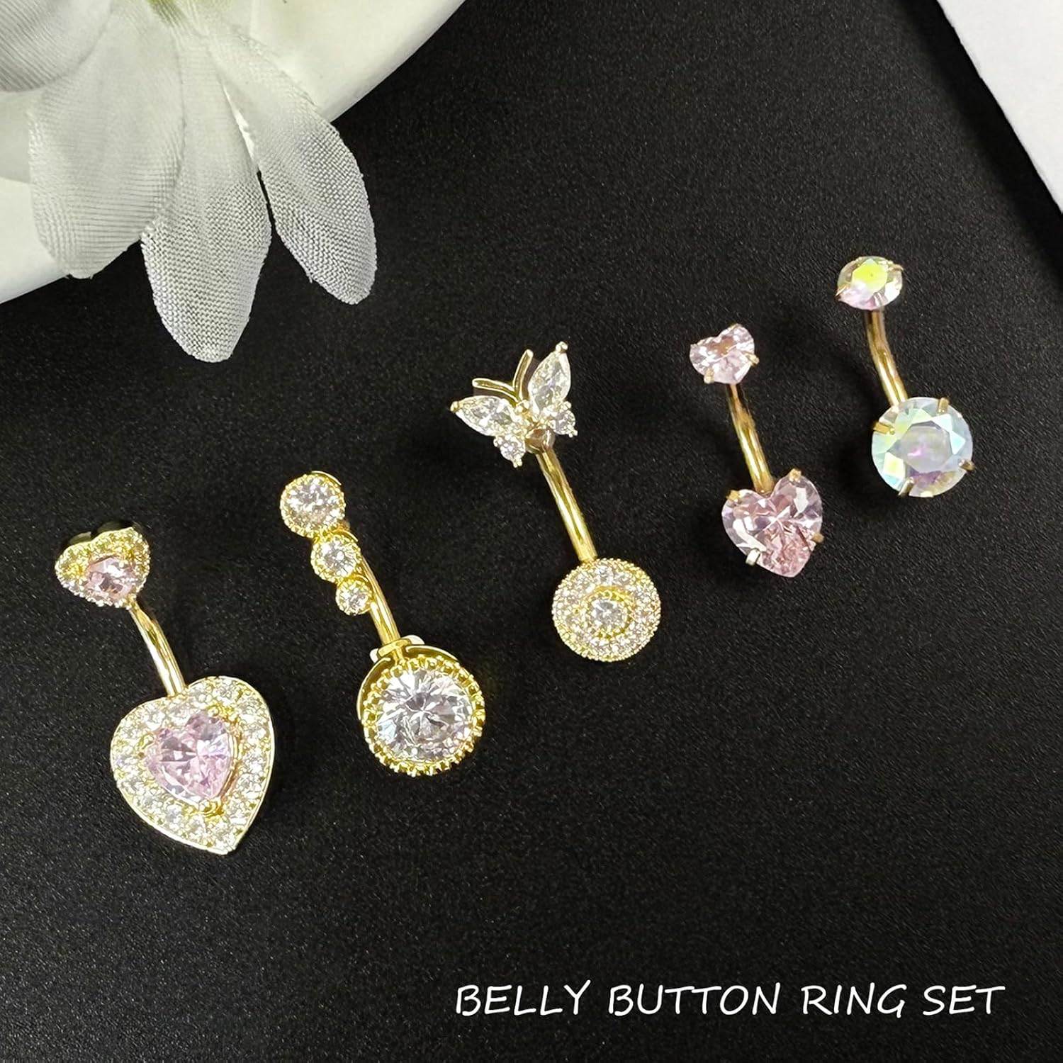 15Pcs Pink Heart Belly Button Ring Piercing 14G Surgical Stainless Steel Navel Piercing Jewelry CZ Opal Pearl Butterfly Clicker Belly Button Rings for Women Gold/Silver - Image 7