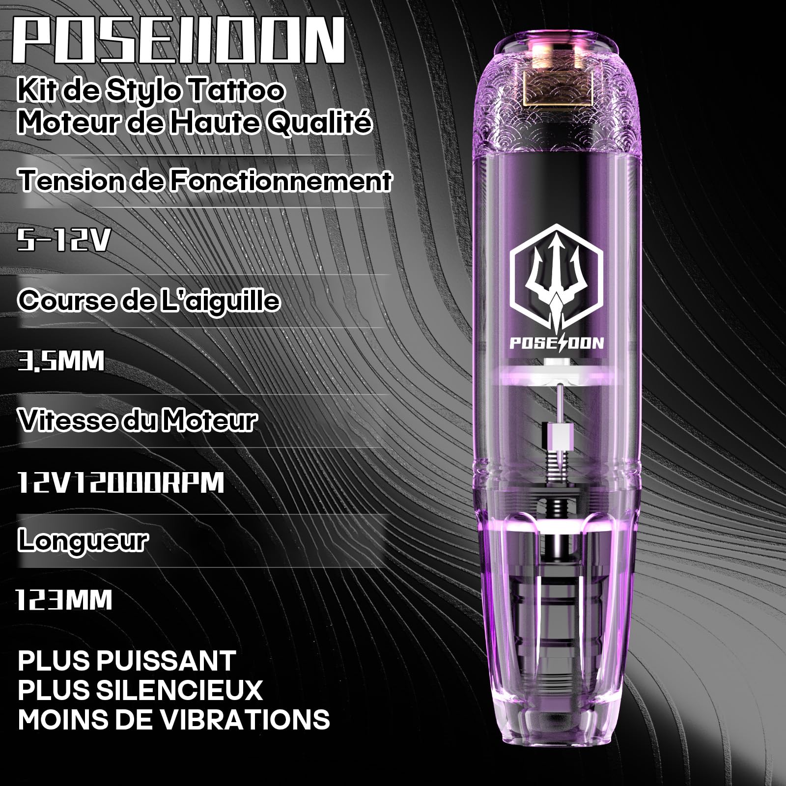Kit de Machine à Tatouer Rotative Sans Fil POSEIDON avec 20 Cartouches d'Aiguilles,Encres & 2 Batteries Rechargeables | Pistolet à Tatouer Professionnel Portable pour Débutants | Fournitures Complètes