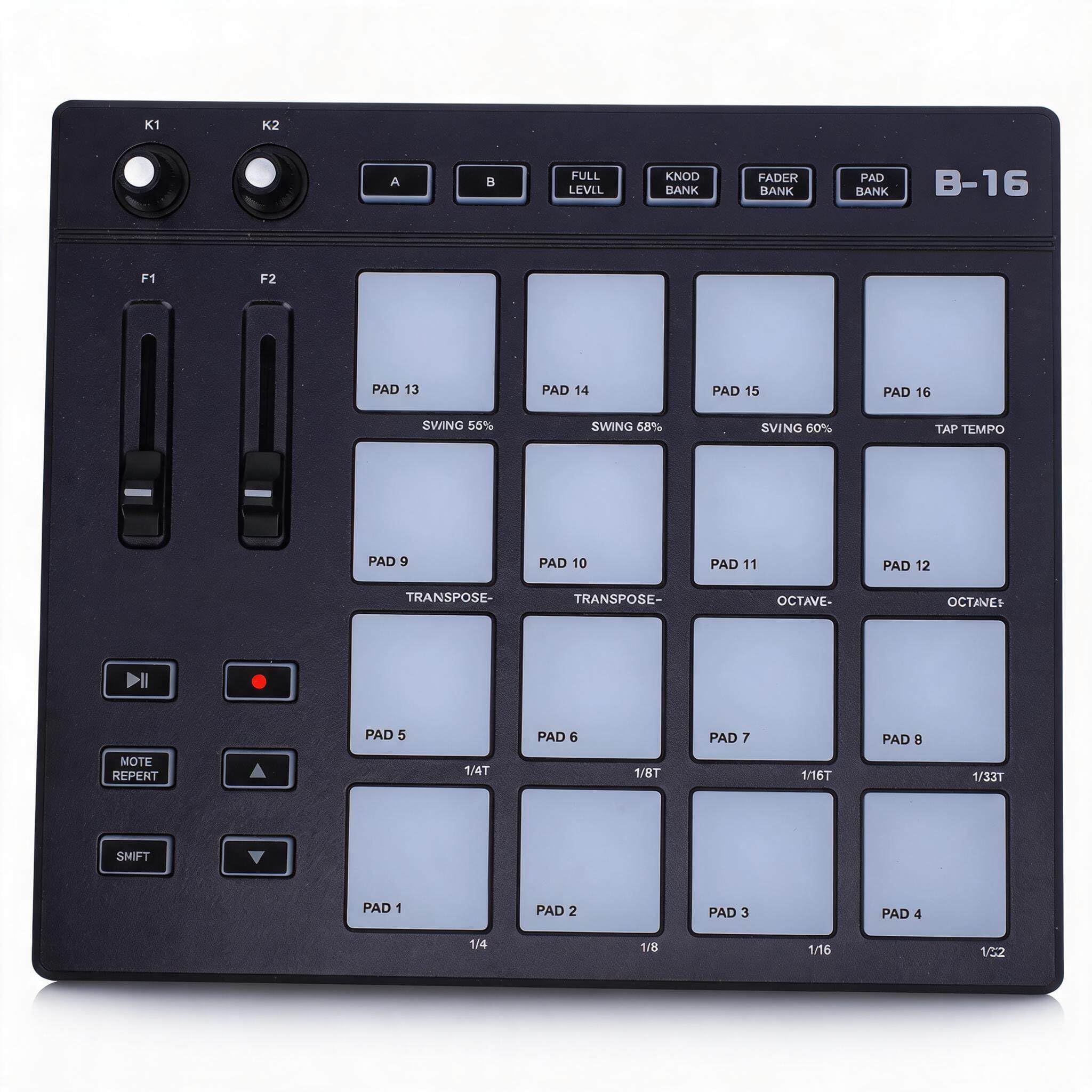 Beat Maker Machine, Drum Machine, MIDI Controller mit 16 Drum Pads, 2 zuweisbaren Fader-Reglern für Anfänger-Musikproduktion, Schwarz