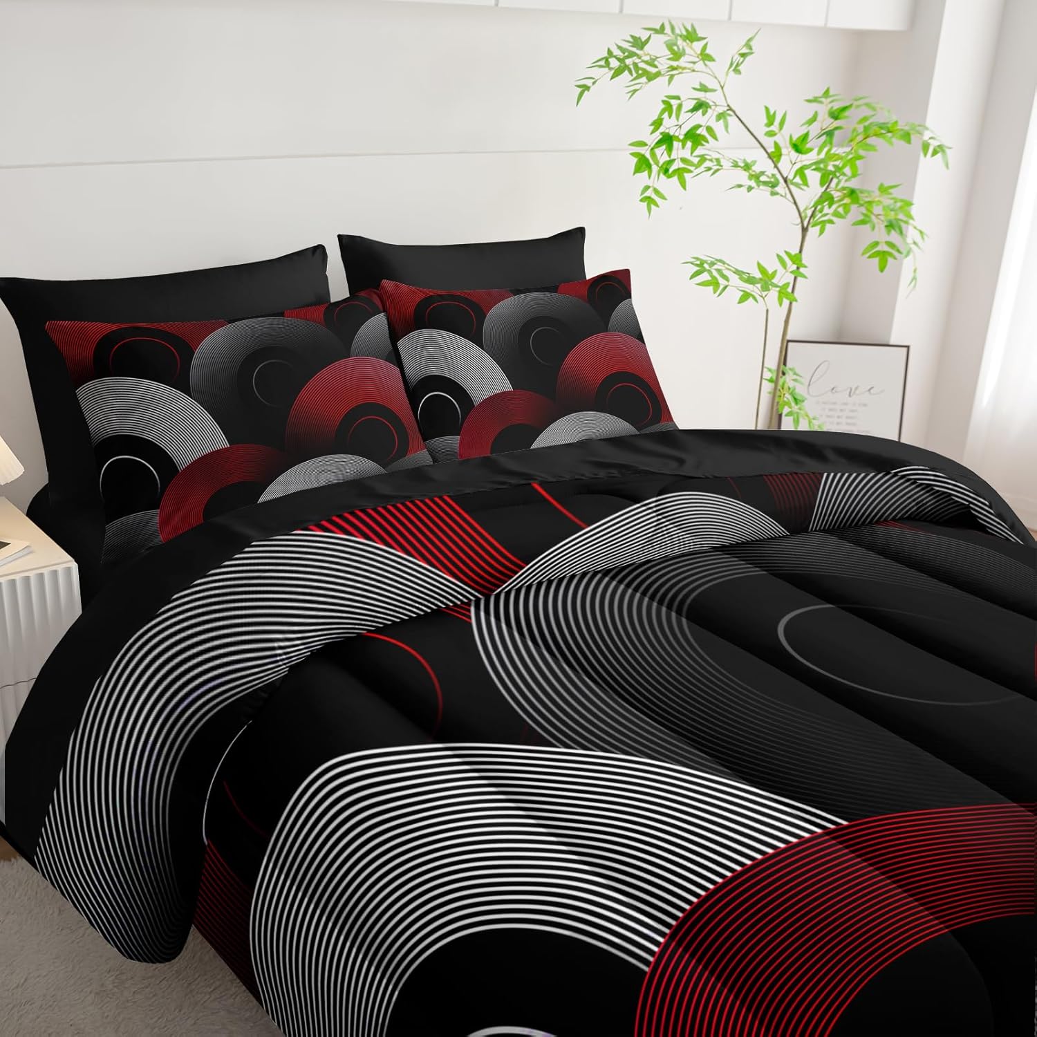 7 Piece Black and Red King Comforter Set Geometric Pattern，Geometric Bedding Set Boys，Geometric Bedroom Decor，(1 Comforter, 1 Flat Sheet, 1 Fitted Sheet, 2 Pillowcase and 2 Pillow Sham)