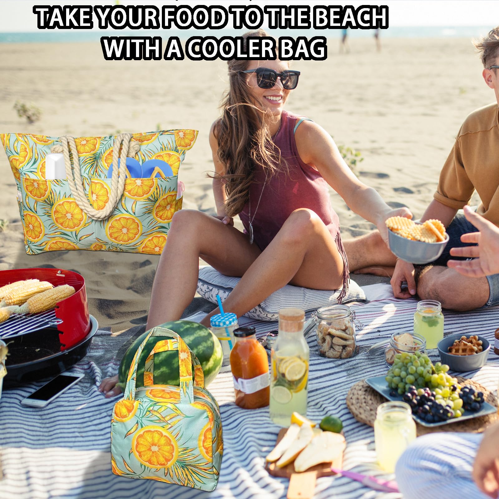 Badetasche Groß mit 7 Taschen 1 Kühltasche, 50L Orange Strandtasche xxl Familie mit Reißverschluss,Schwimmbad Tasche, Faltbar, Sanddicht, Schwimmtasche Damen für Shopping Strandurlaub Picknick