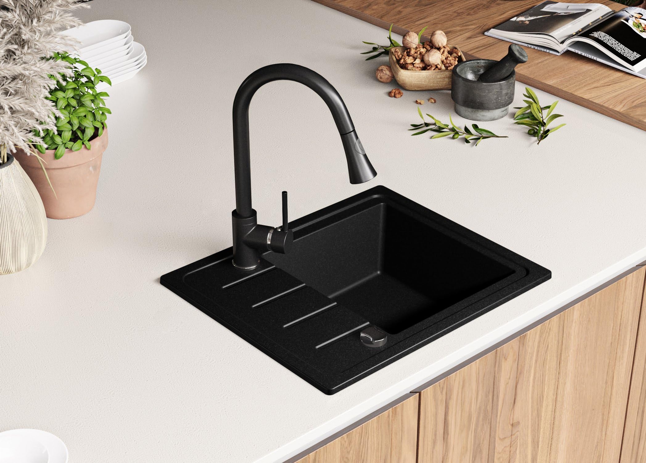 PRIMAGRAN Lavello da Cucina Tutto Nero 55x44cm, Lavandino in Granito a 1 vasca + Sifone Classico, Lavabo da Cucina Incasso al Mobile 45cm - Copenhagen Easy S007