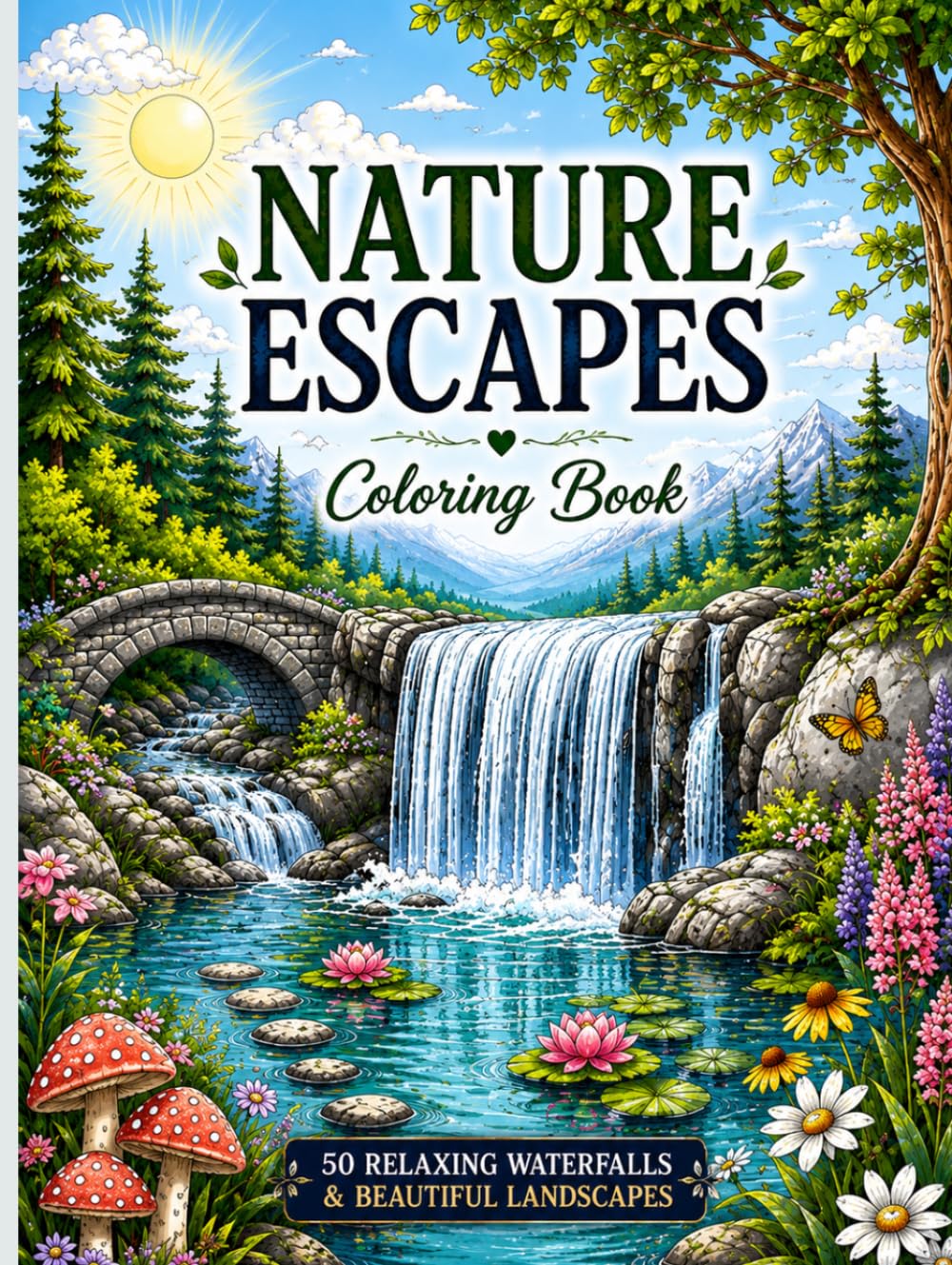 Nature Escapes Coloring Book: 50 Relaxing Waterfalls & Beautiful Landscapes: Coloring pages.