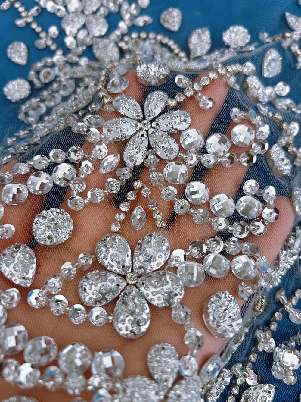 Handmade Rhinestone Bodice Applique Full Body Sparkly Sew on Beads Patches for Birthday Prom Dress,Silver,30x51cm