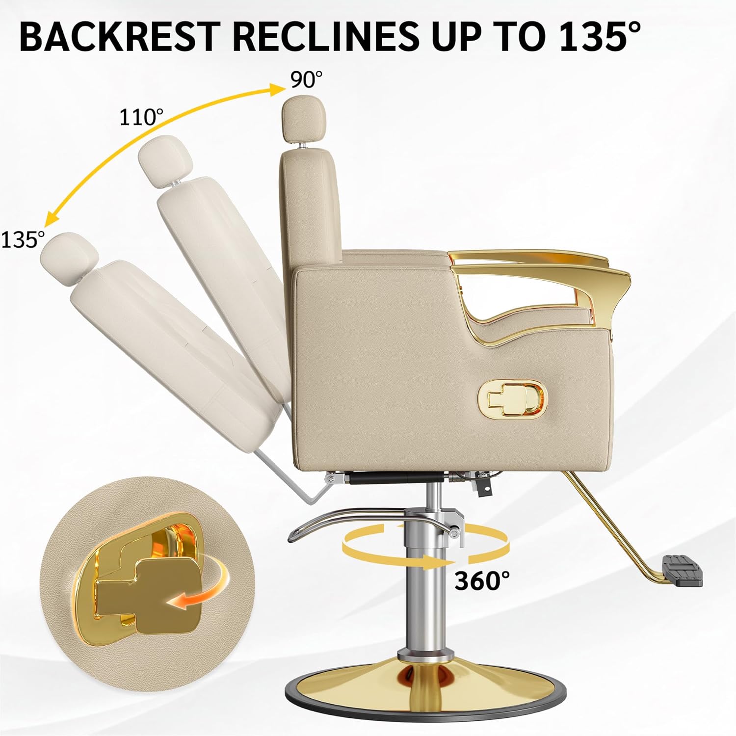 Barber Chair for Hair Stylists, Hydraulic Styling Chair with Heavy Duty Pump, 360° Swivel Barber Chairs with Reclining, Adjustable Headrest, Beauty Salon Equipment, 330 Lbs (Beige-Gold)