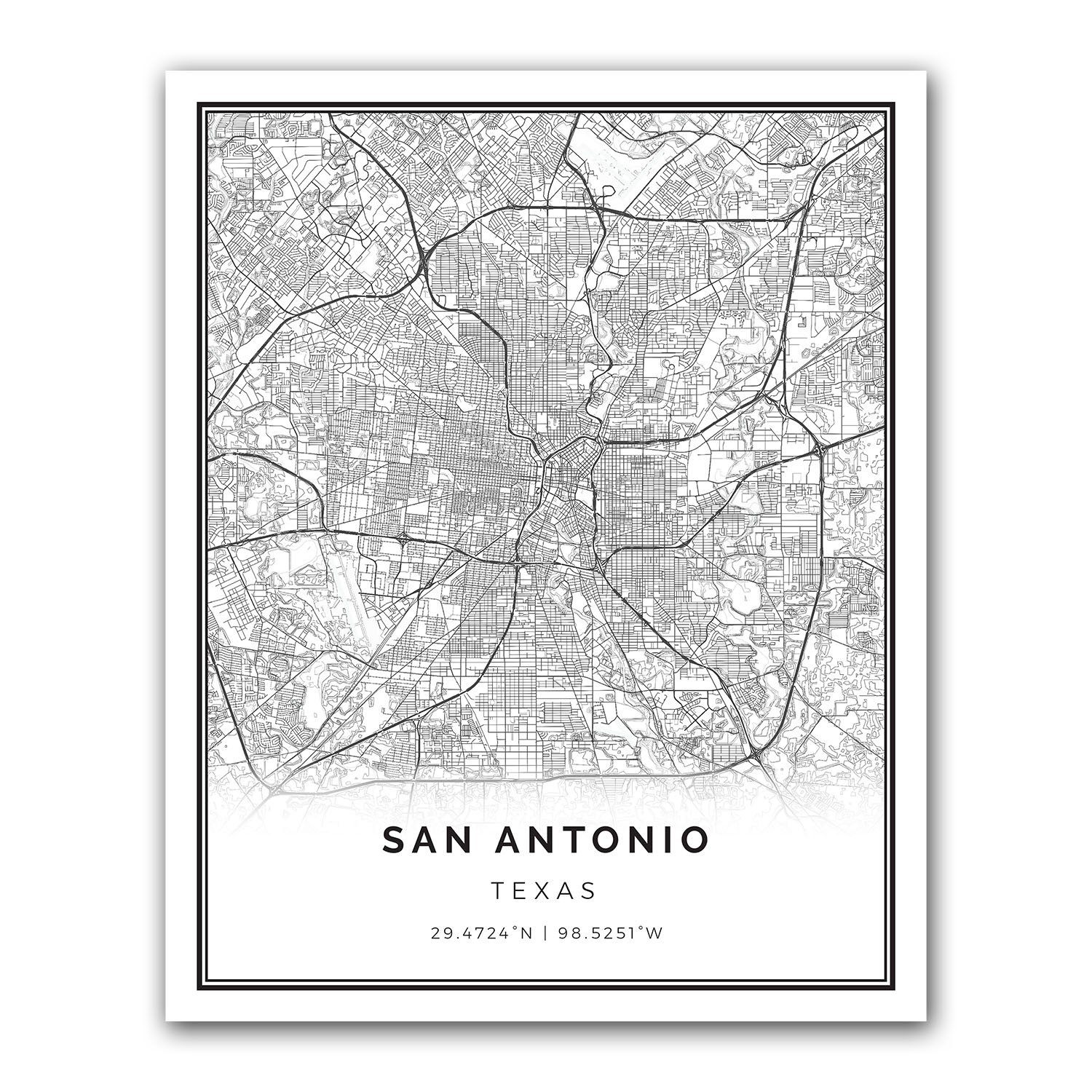 Squareious San Antonio map Poster Print | Modern Black and White Wall Art | Scandinavian Home Decor | Texas City Prints Artwork | Fine Art Posters 11x14