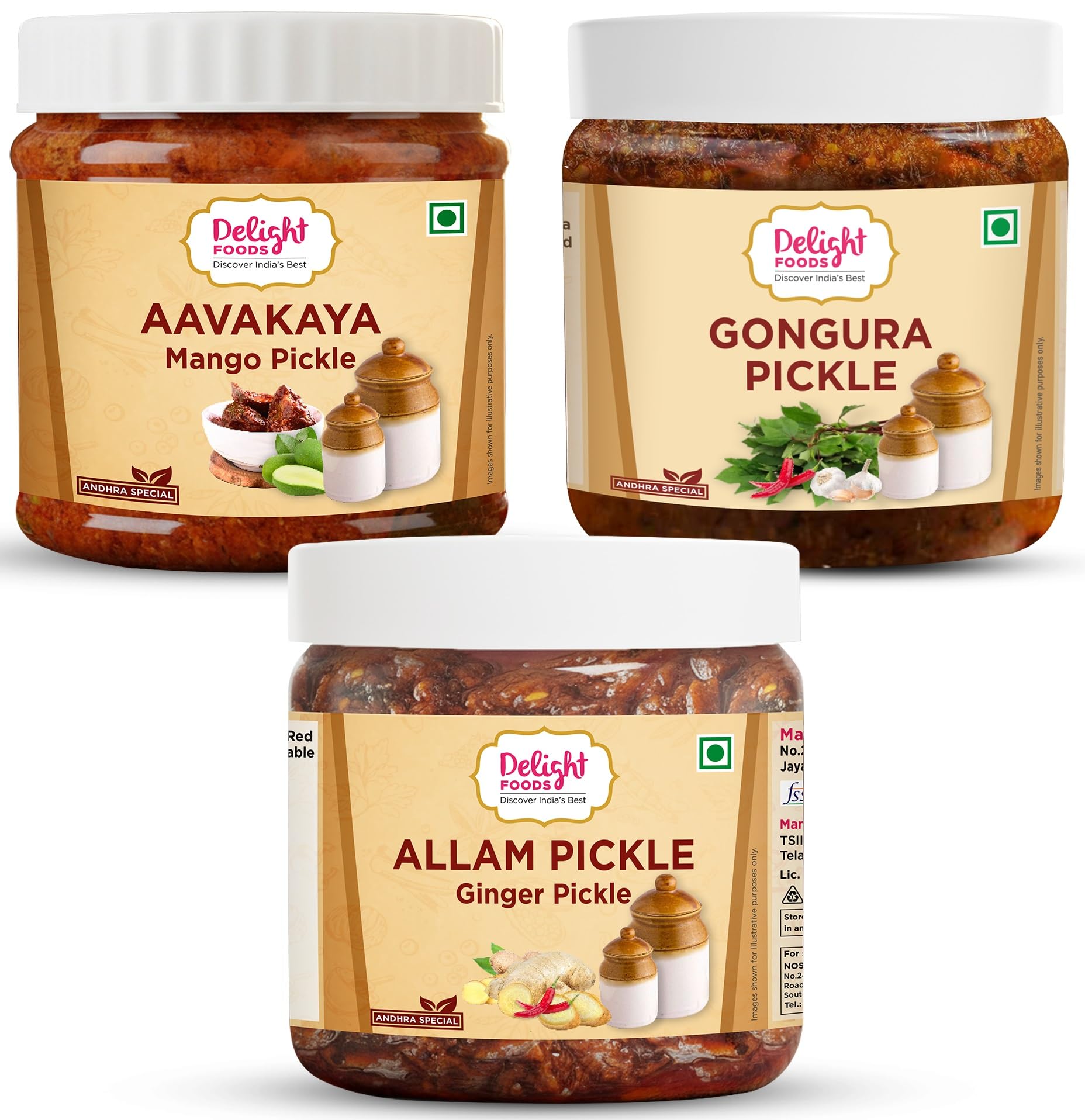 Delight Foods Andhra Special Pickles Combo -Gongura, Avakaya/Mango And Allam/Ginger, 750 G (250 G X 3)