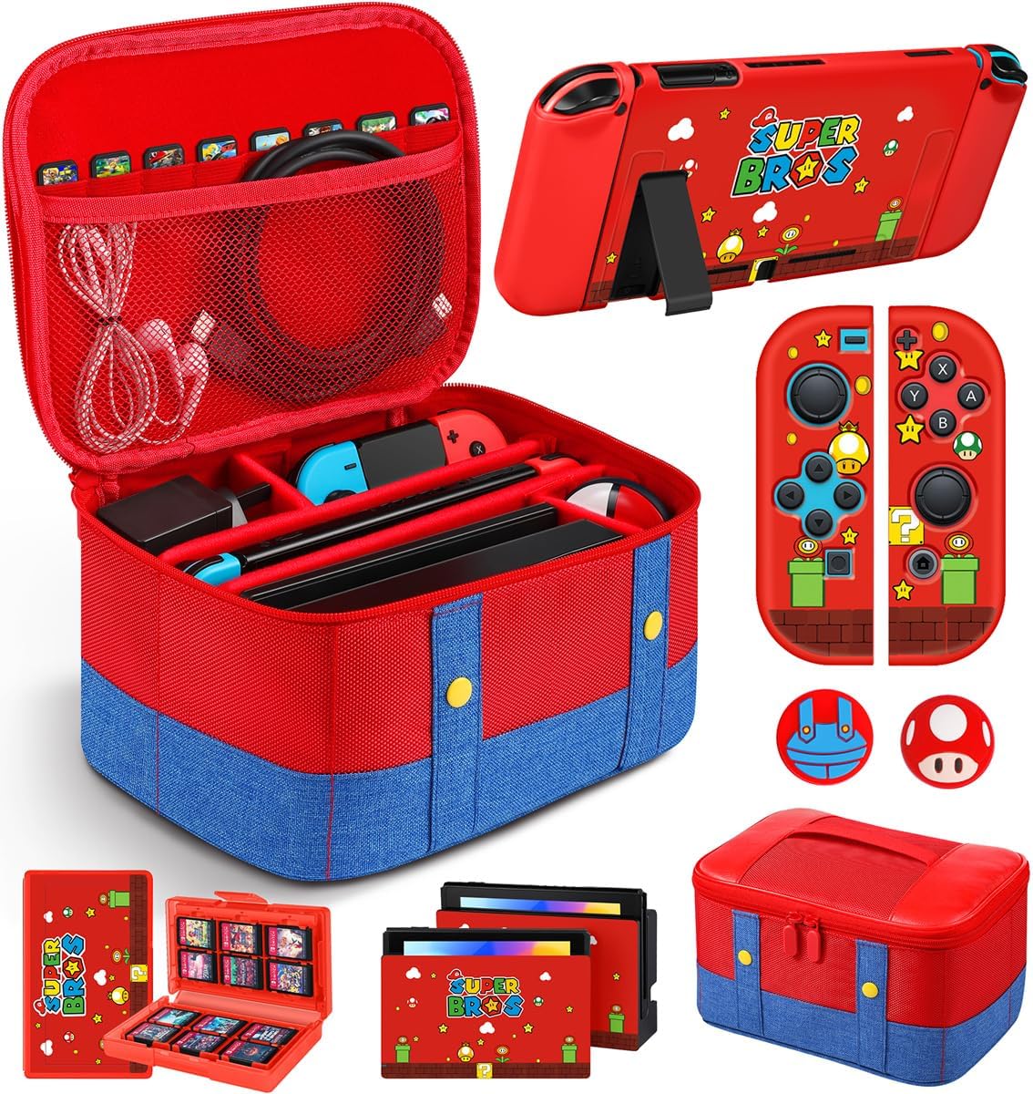 9in1 Carrying Case for Nintendo Switch Travel Carry Cases Bundle Cute Boys Protective Cover+Thumb Grips Button Caps+Game Card Holder+Dock Sticker Wrap Accessories Storage Bag for Switch 2017