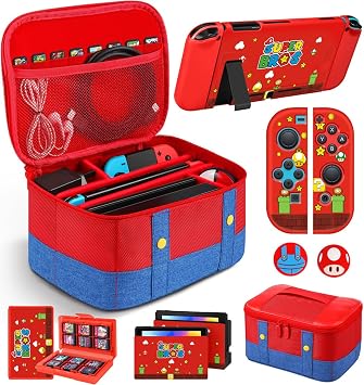 9in1 Carrying Case for Nintendo Switch Travel Carry Cases Bundle Cute Boys Protective Cover+Thumb Grips Button Caps+Game Card Holder+Dock Sticker Wrap Accessories Storage Bag for Switch 2017
