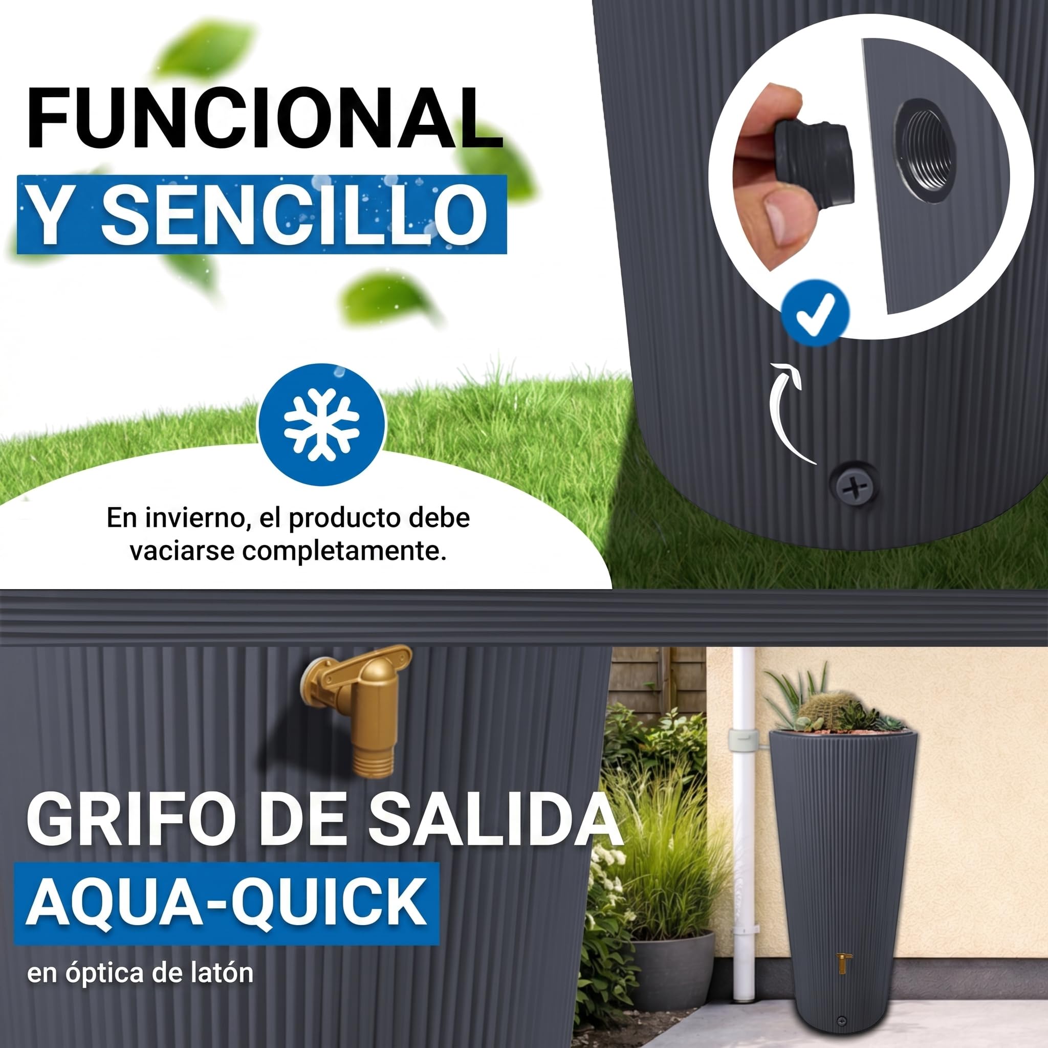 4rain Vaso 2en1 Decor depósito de Agua de Lluvia 220 L Graphite Grey Incl. Grifo de plástico y conexión al bajante - diseño Decorativo para jardín - Set Listo para conectar - Uso Exterior fiable