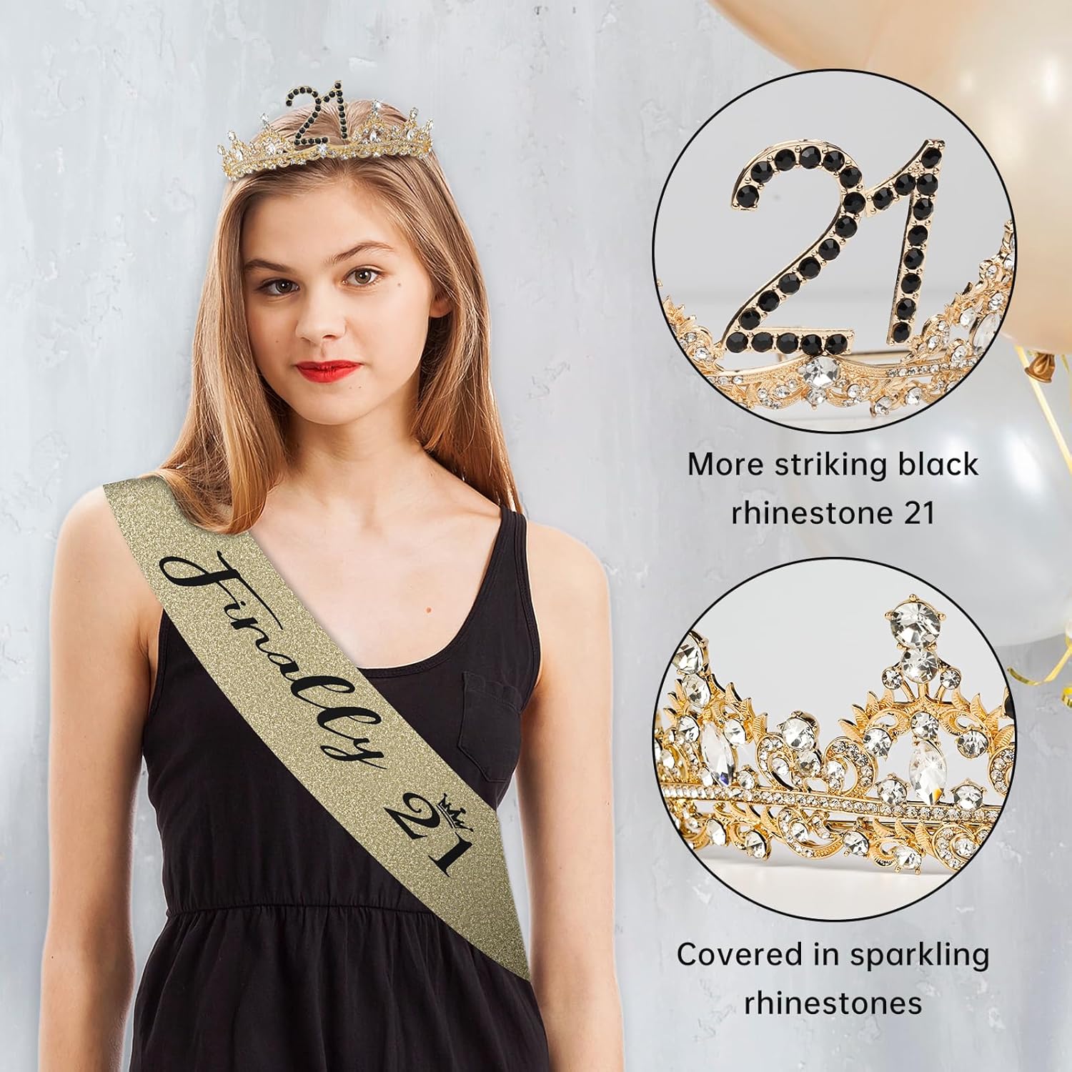 21st Birthday Crown and Sash for Women, 21 Tiara, Black Gold 21st Birthday Decorations for Her 21 Year Old Gifts Party Favors for Girls - Image 3