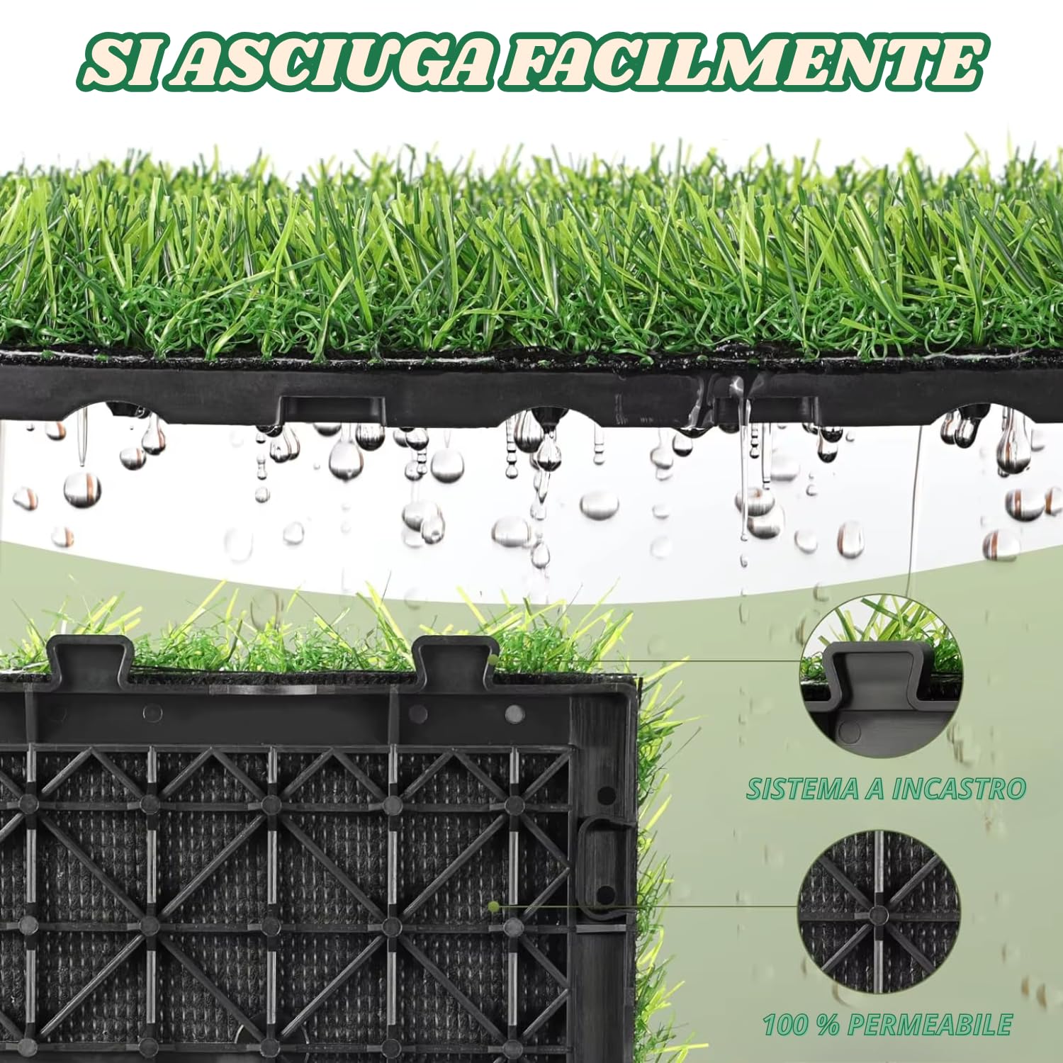Piastrelle Erba Sintetica Esterno Interno Set da 10 Prato Artificiale Incastro Drenaggio Acqua 30 x 30 x 2,3 cm Realistico Pavimento Morbido Terrazza Patio Giardino Balcone Bordo Piscina