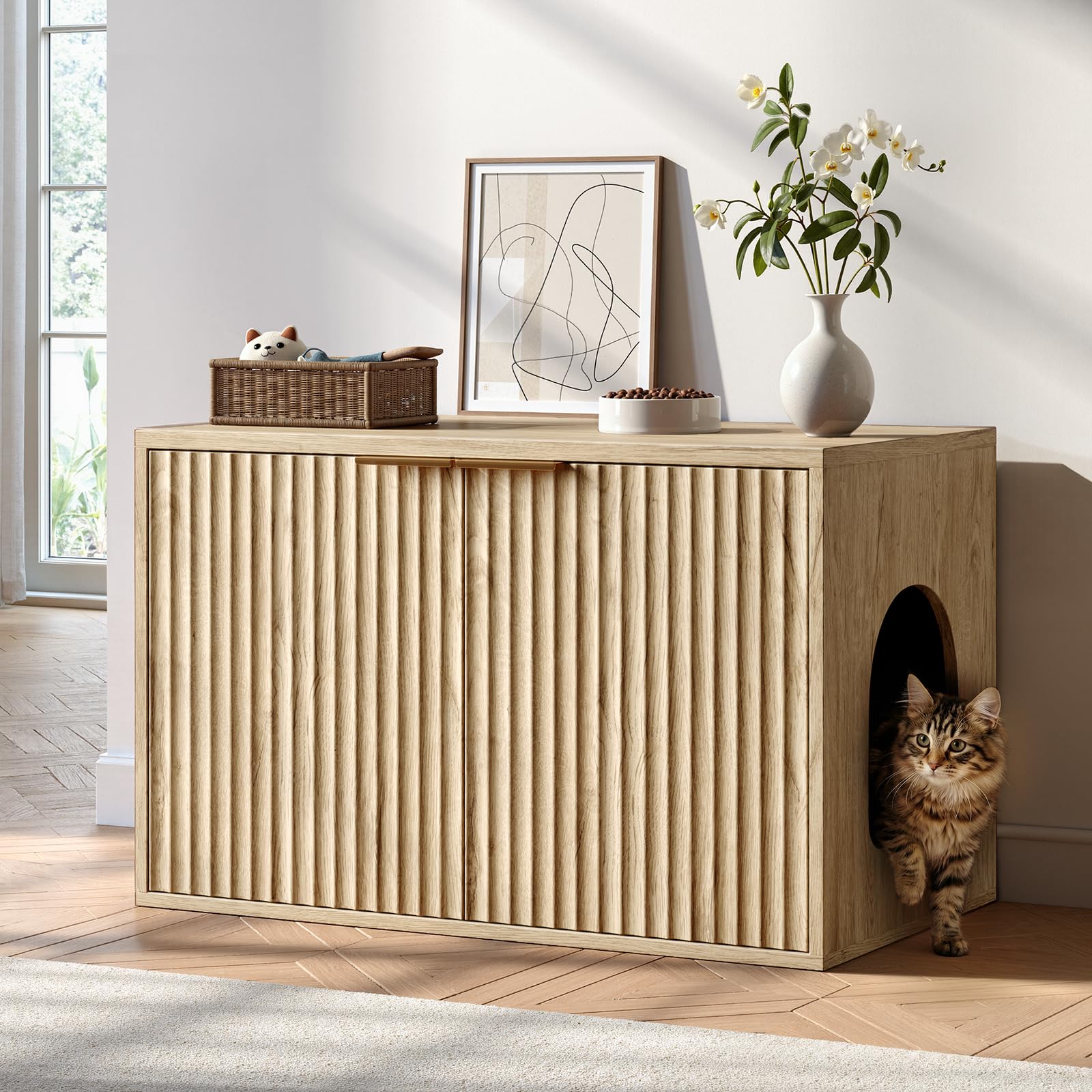 Meuble litière chat chêne 80cm Evermagin, grande maison toilette cachée et table d'appoint salon