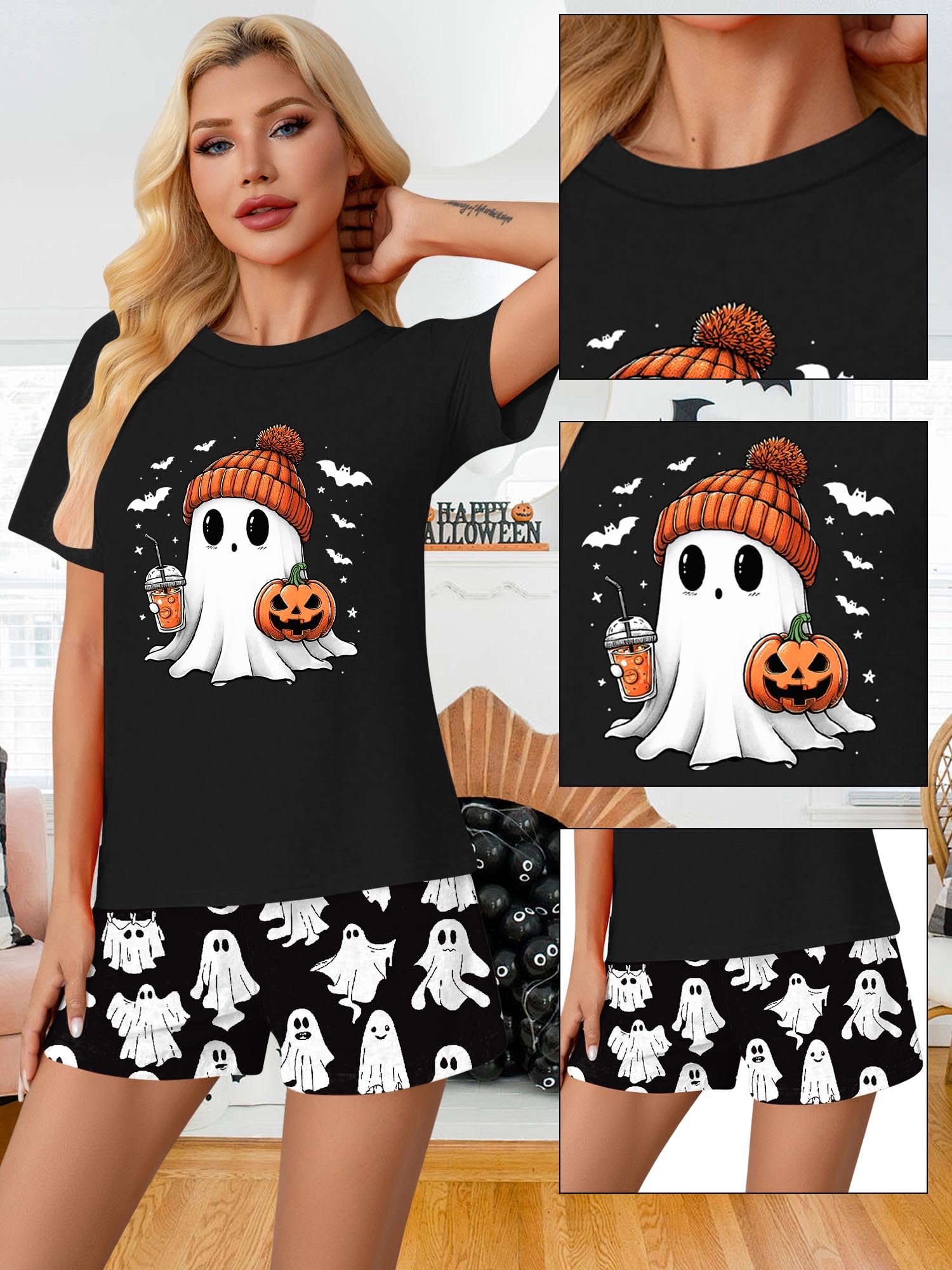 tiorhooe Piżama damska na Halloween, z krótkim rękawem, dwuczęściowa | Zestaw wypoczynkowy, oddychająca tkanina, motywy dyni, krótkie spodnie, bardzo wygodne dopasowanie, idealne na imprezy i