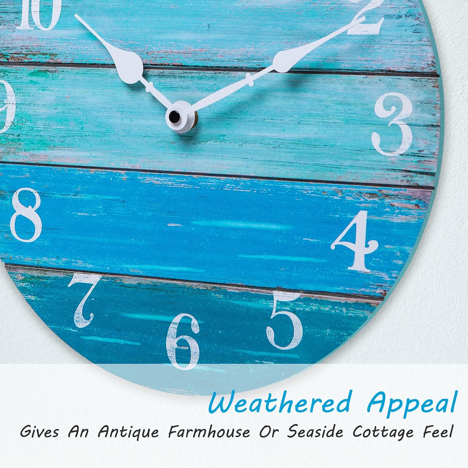 NIKKY HOME Beach Theme Wall Clock - 12 Inch Rustic Coastal Battery Operated Silent Non Ticking Blue Farmhouse Wood Clock for Nautical Theme Bathroom, Kitchen, Living Room, Bedroom