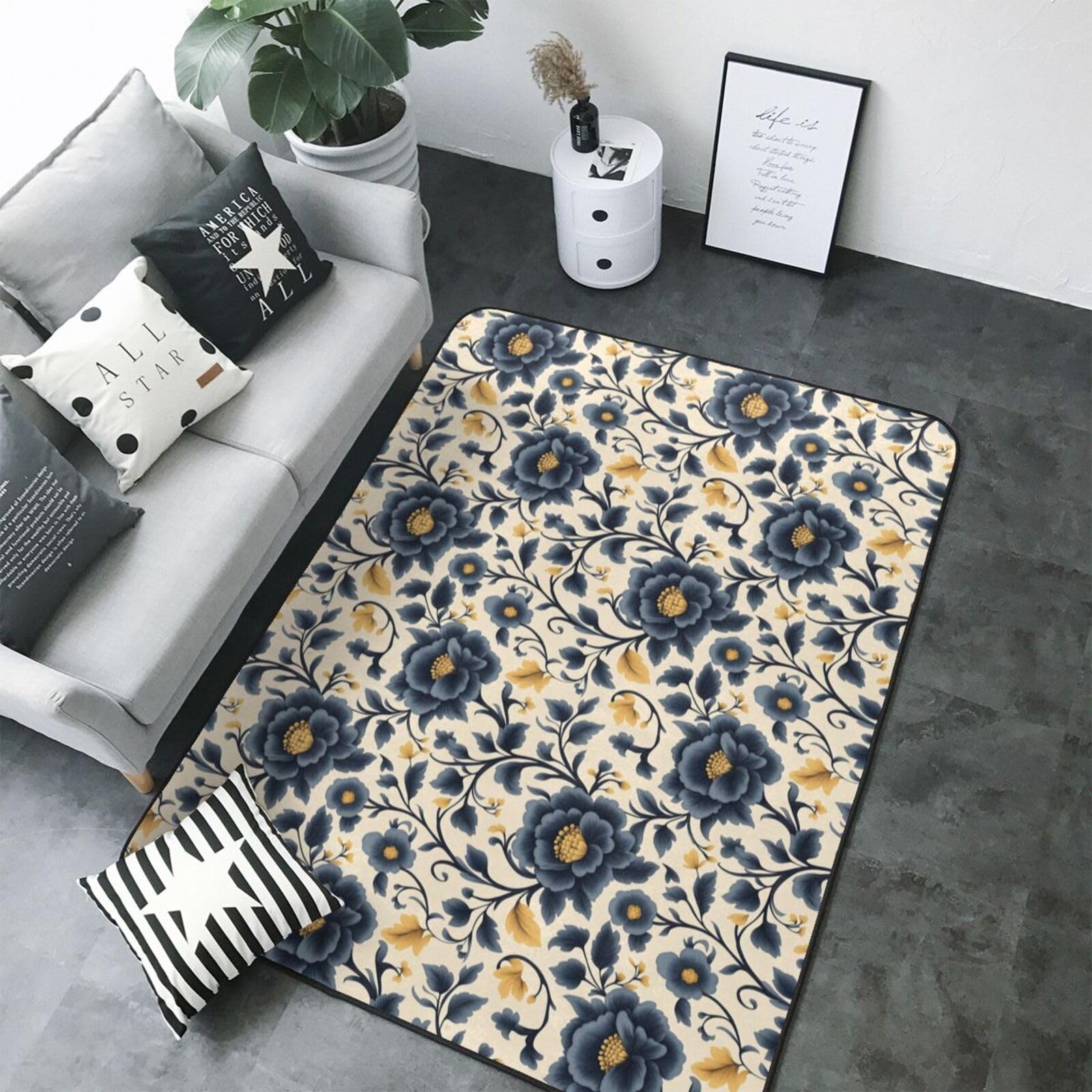 Tapis de salon bleu marine lavable pour créer une ambiance chaleureuse en famille