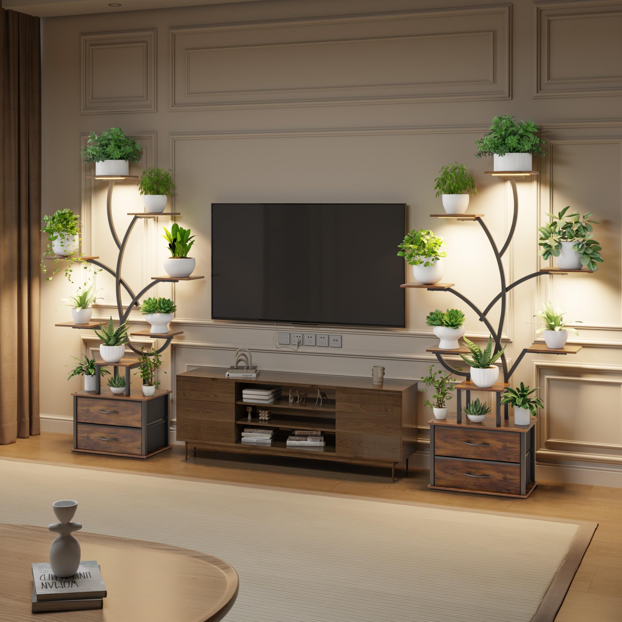 Mondeer Support de Plantes d'Intérieur avec Lumières de Croissance, Étagère d'Angle 9 Niveaux 160 cm avec 2 Tiroirs de Rangement, Luminosité Réglable & Minuterie, Présentoir Moderne pour Plantes - Sal