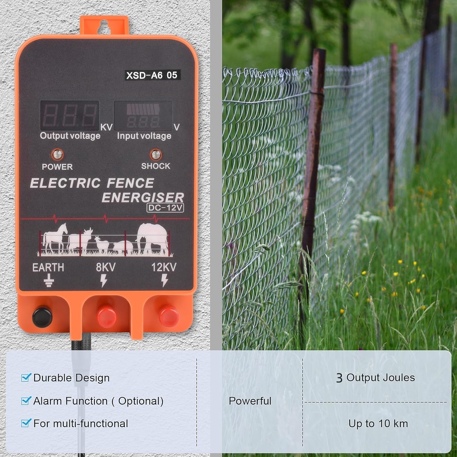 pastor electrico , cerca eléctrica Controlador de pulso de alto voltaje seguro Granja de animales Cerca eléctrica Pastor Granja de animales Pastor eléctrico para vacas, ganado, caballos (Orange)