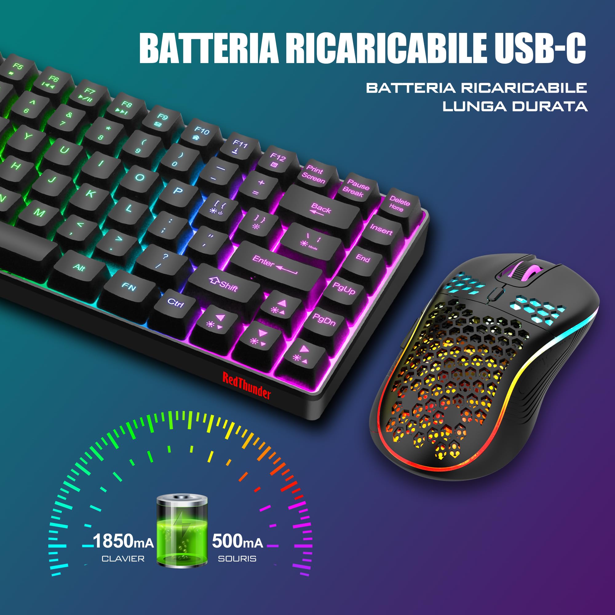RedThunder 75% Tastiera da Gioco Wireless, Retroilluminazione Dinamica Arcobaleno, Mouse Leggero a Nido D'ape da 3200 DPI, Tastiera Ultra Compatta, 85 Tasti Anti Ghosting, Layout IT per PC/PS5/Xbox
