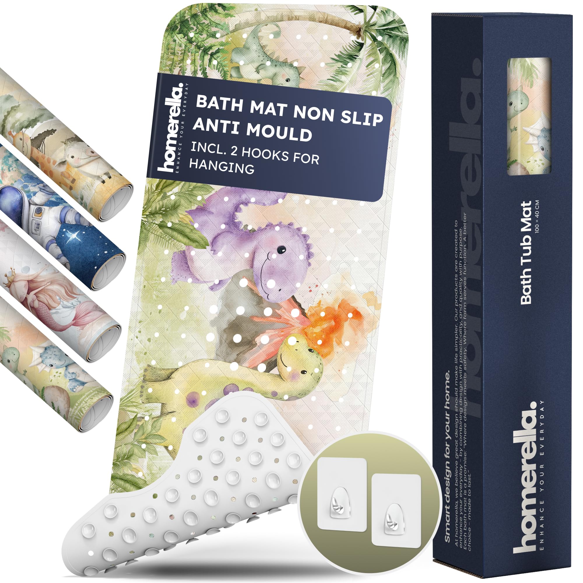 Homerella Bath Mat Non Slip Anti Mould Kids 100x40cm INCL. 2 HOOKS - Anti Slip Bathtub Mat Machine Washable, BPA free, Toddler Non Slip Bath Mat for Inside Bath Tub - Dino Splash