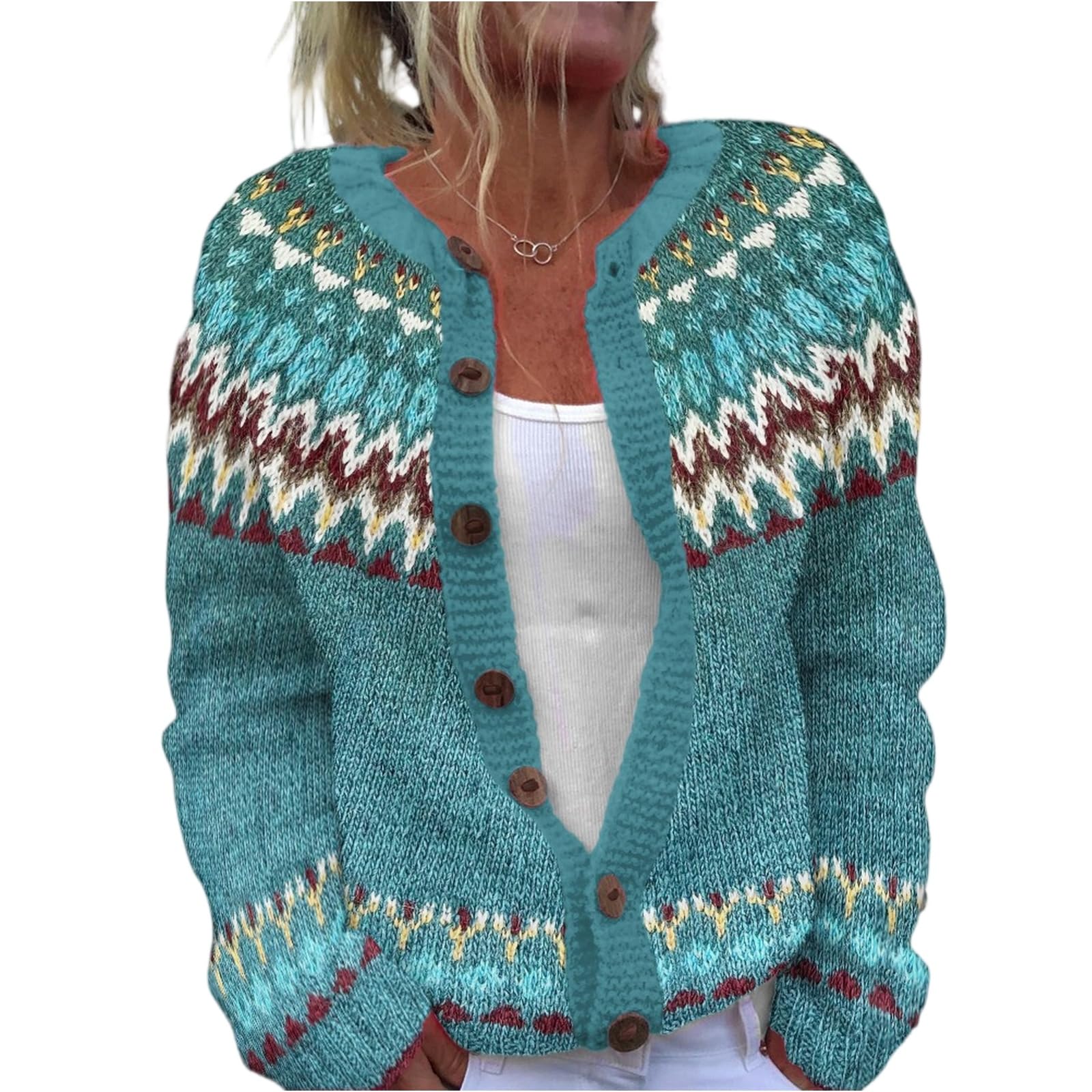Kenvina Women Fair Isle Cardigan Sweaters Crew Neck Loose Fit Button Up Chunky Sweater Open Front Casual Knit