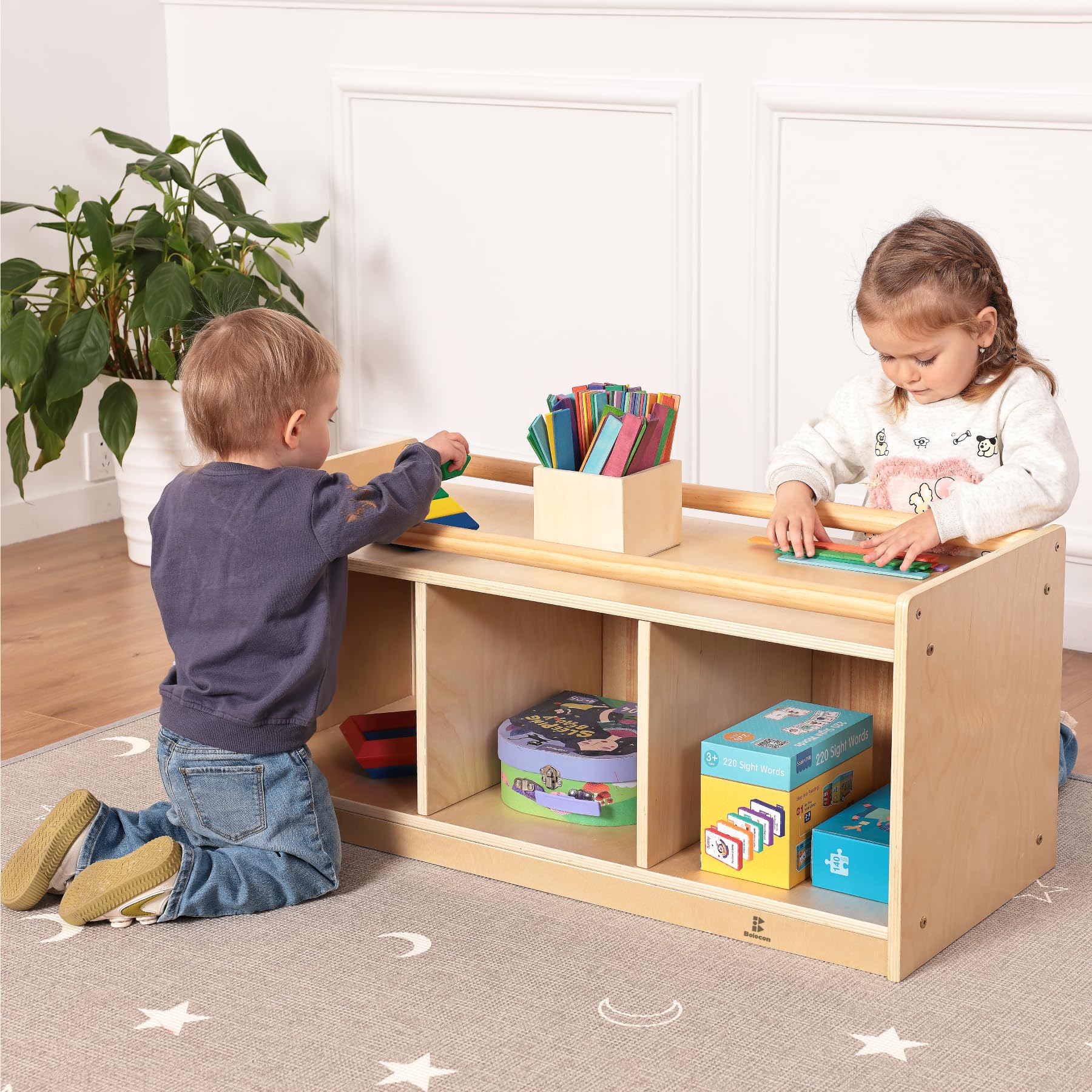 Almacenamiento de juguetes para niños pequeños con espejo trasero, cubículos preescolares y guardería para bebés con 2 pasamanos de sujeción superior, muebles para niños pequeños, hogar, aula, 2