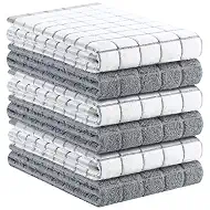 Kitinjoy Premium Kitchen Towels (16"x 28", 6 Pack), Large 100% Cotton Terry 390 GSM Kitchen Hand Towels, Ultra Absorbent Check Design Tea Towels Set with Hanging Loop, Grey