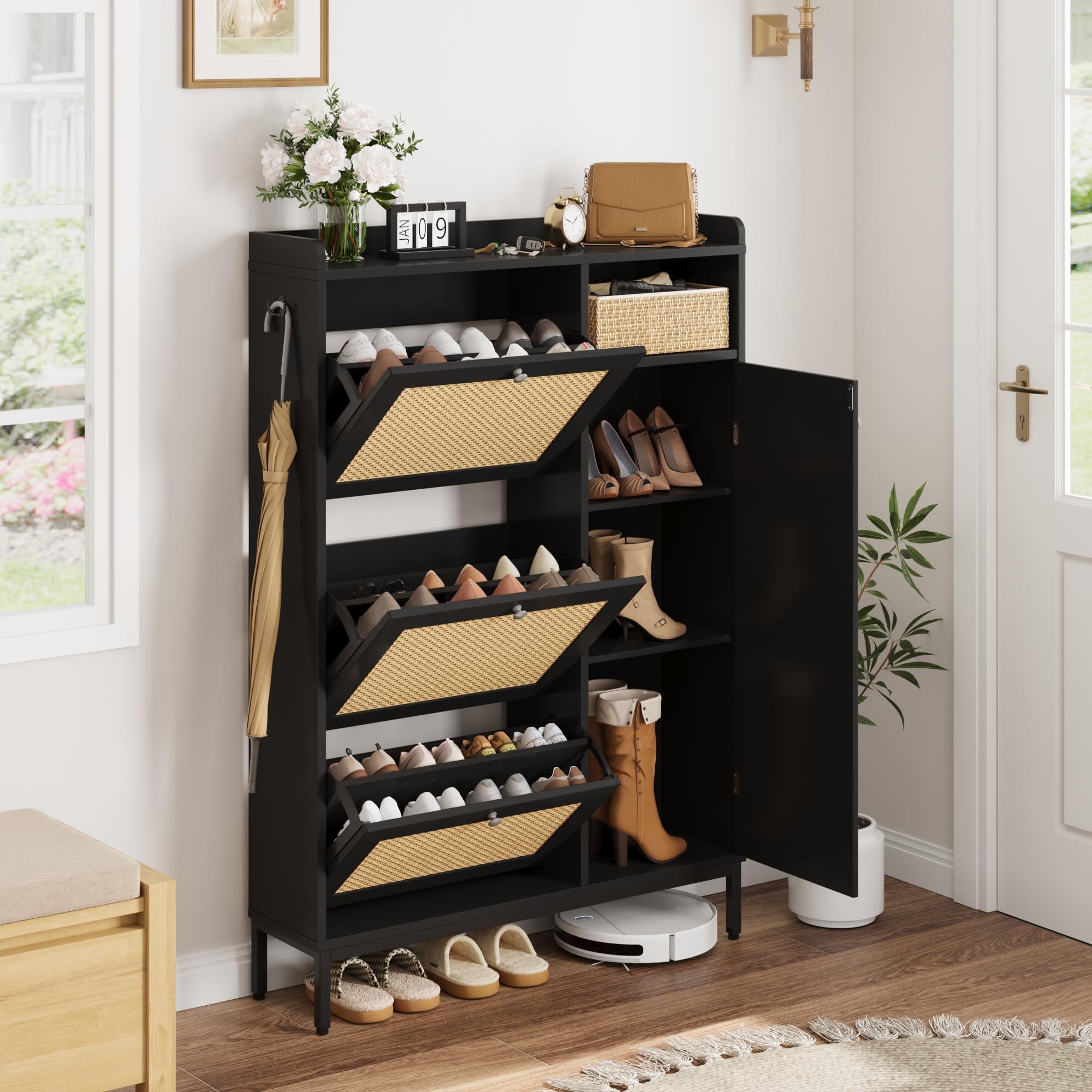 Litake Zapatero Estrecho con Puertas de ratán y 3 cajones abatibles, 4 Niveles con estantes Ajustables, Gran Capacidad hasta 50 Pares, para recibidor/Pasillo/Armario - Negro, versión Mejorada