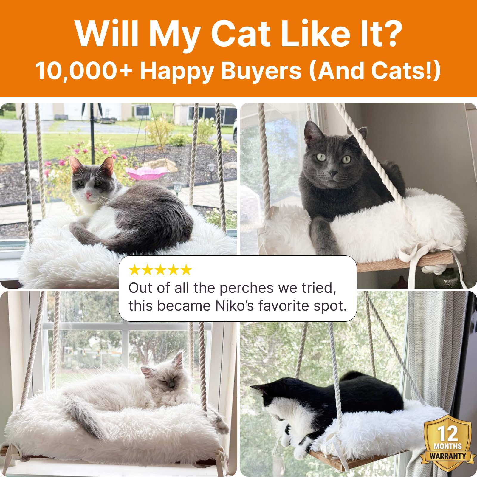 Percha para ventana de gato, hamaca para gatos, asiento de madera maciza y ventosas fuertes, cama y muebles peludos para gatos en el interior, estante colgante esponjoso para gatos pequeños y medianos