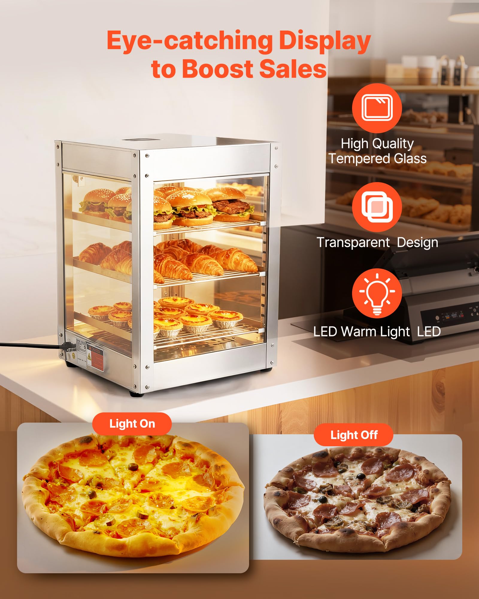 VEVOR Scaldavivande commerciale a 3 livelli, 800 W, con luce LED, ripiano regolabile e telaio in acciaio inossidabile, riscaldamento ad aria da 30 °C a 185 °C, 34 litri per hamburger, pizza, pane