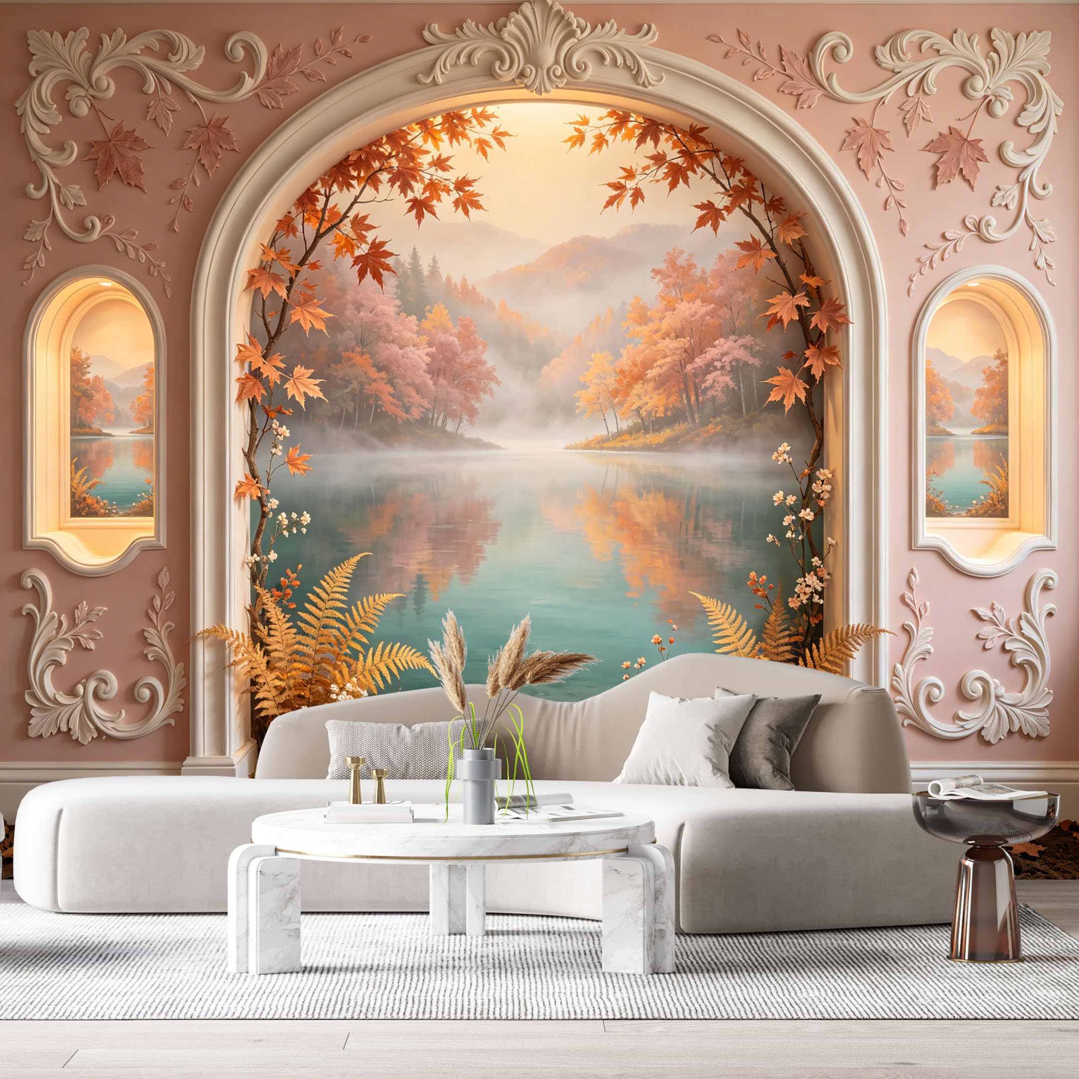 Custom Size Wall Murals Autumn Landscape Lake Maple Leaves 3D Trompe L'Oeil SelfAdhesiveWall Fabric Removable Wallpaper Wall Decor for Living Room Bedroom Bathroom