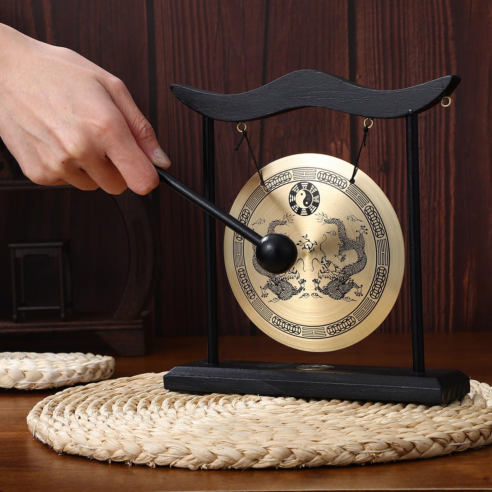 Gong Artesanal de Cobre con Mazo, Adorno Chino Vintage