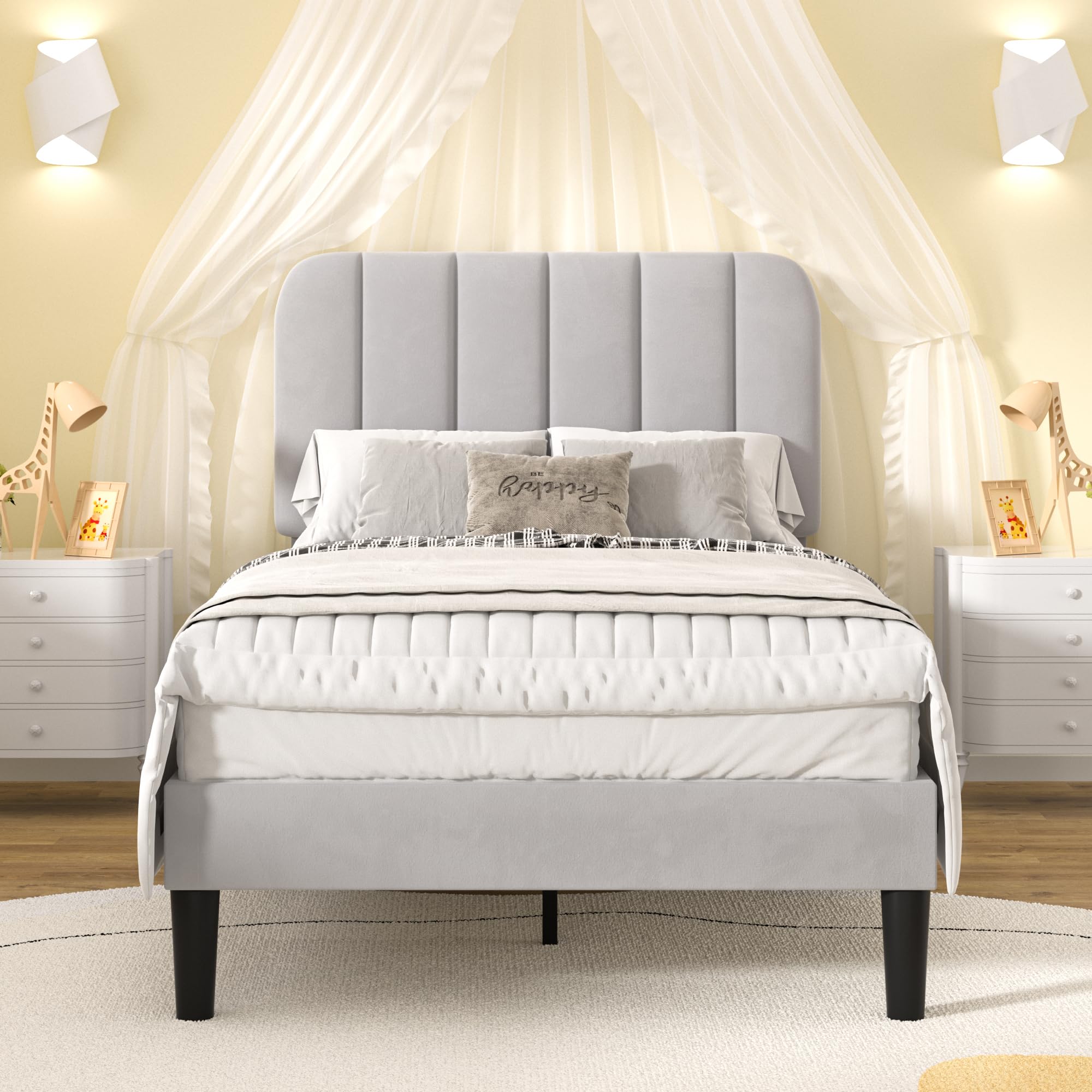 vecelo twin size bed frame with upholstered headboard, velvet platform bedframe mattress foundation, strong wood slat support, no box spring needed,light grey fluufy texture 