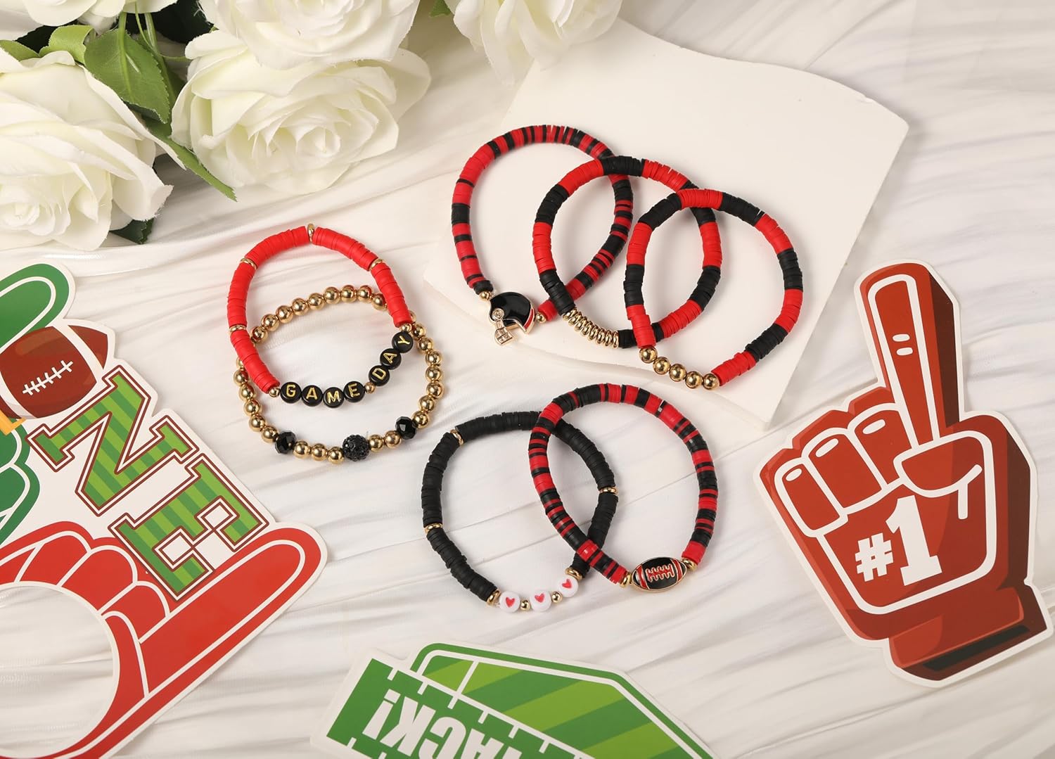 Sporty Chic Bracelets for Women Vibrant Blue White Red Gold Stretch Heishi Clay Beaded Bracelets Stylish Stackable Bangles for Game Days Casual Special Occasions Football Mom Jewelry Gift - Image 3