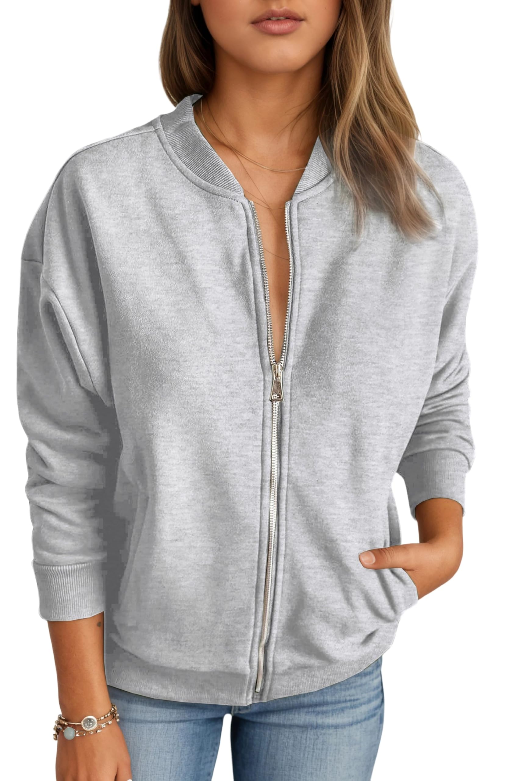 timuspo Women Sweatshirts Zipper Trendy Bomber Jacket Long Sleeve Loose Outwear Casual Coats with Pockets-picture-41