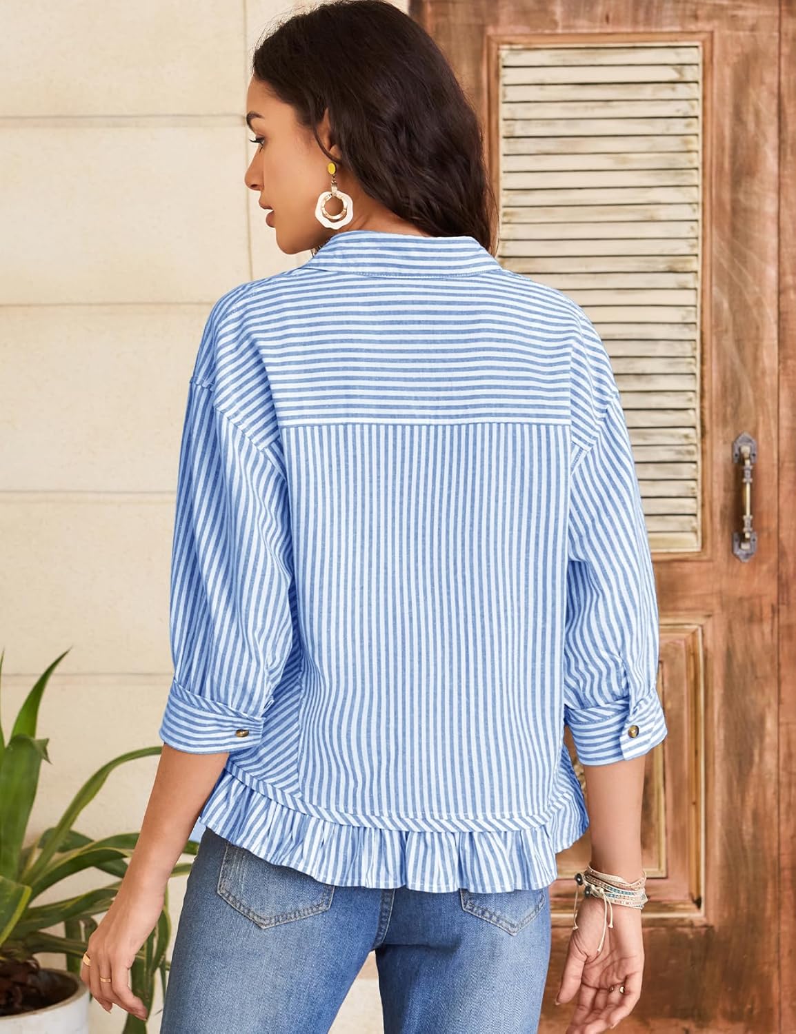 Flygo Womens 3/4 Sleeve Striped Button Down Shirts Cropped Ruffle Hem Casual Collared Drop Shoulder Cotton Blouse Summer Tops - Image 4