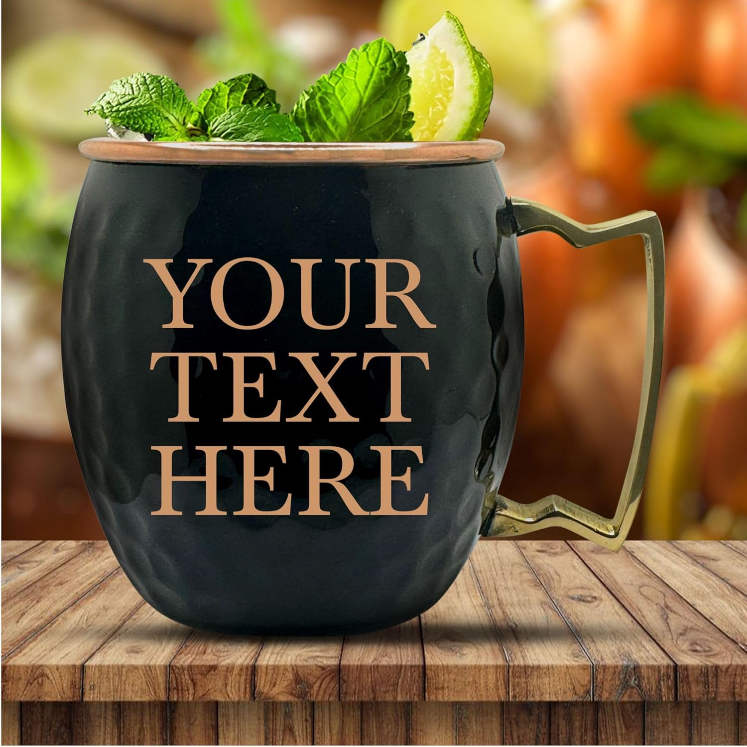 Personalized Custom Copper Moscow Mule with Hammered Painted Finish - Engraved Bar Style Mug 100% Copper Cup with Custom Letter Name Engraving, Brass Handle | 18 oz, Black