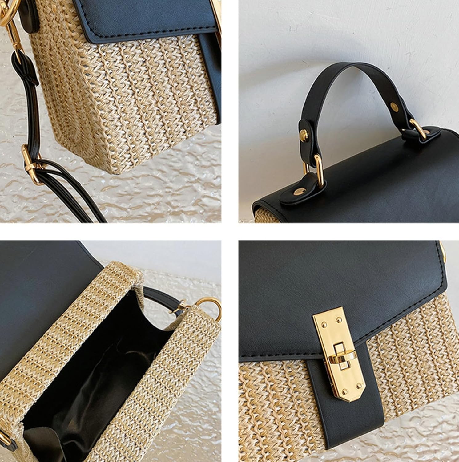Summer Woven Straw Crossbody Bag Women Color Block Flap Box Purse Lock Closure Mini Satchel