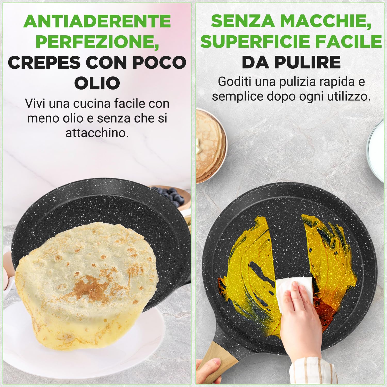 NutriChef Padella per Crepes, Crepiera Antiaderente 28 cm con Spatola in Legno, Rivestimento Marmo, Manico Ergonomico, Fondo Induzione, Ideale anche per Pancake, Bacon e Uova
