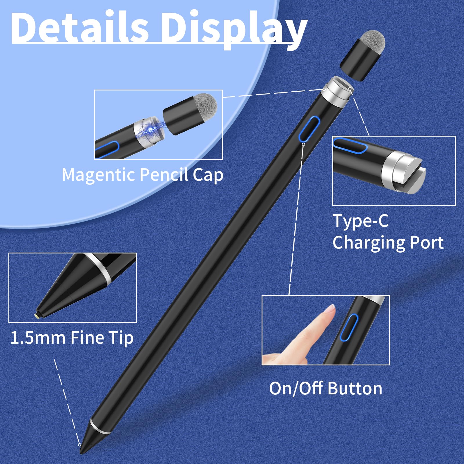 Lápiz capacitivo digital para pantallas táctiles, lápiz activo de punta fina compatible con iPhone, iPad y otras tabletas para dibujar y escribir a mano (negro)