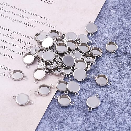 Miniatura 37 de Craftdady 100 conectores colgantes de bandeja de bisel de 0.98 pulgadas (0.984 in), color blanco cameo redondo, cabujón de acero inoxidable, doble