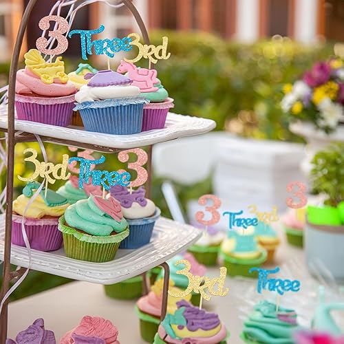 Miniatura 4 de 24 piezas de decoración para cupcakes de tercer cumpleaños con purpurina para tercer cumpleaños, tres piezas para baby shower, 3er cumpleaños,